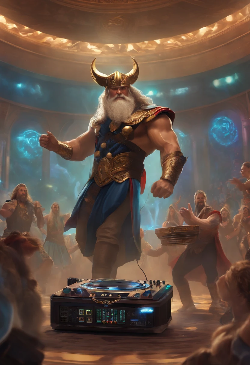 Odin wearing headphones in Asgard with a DJ mixer and Thor dancing funk in Zeuz's skirt