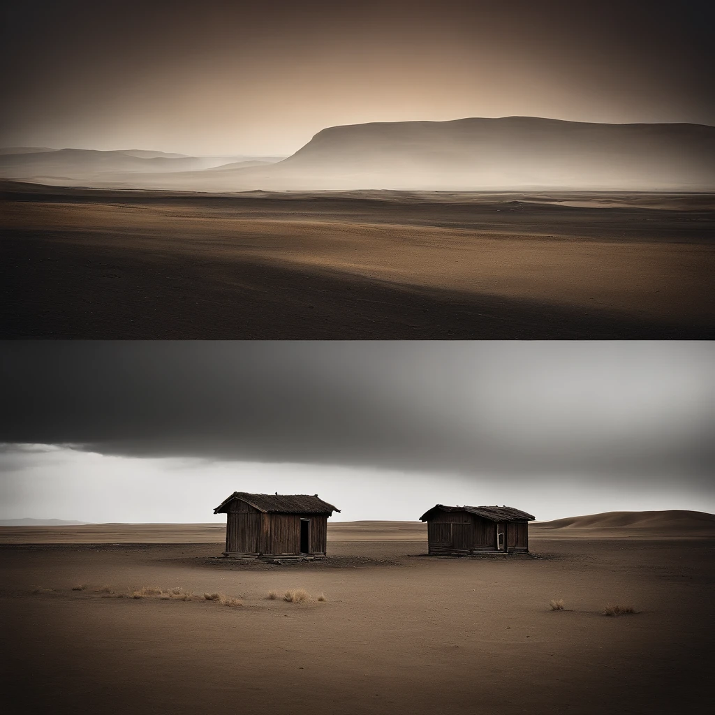 Desolate steppe,Mongolian steppe,the night,barren,Poor small village,(best qualityer, tmasterpiece:1.3), very detailed illustration,