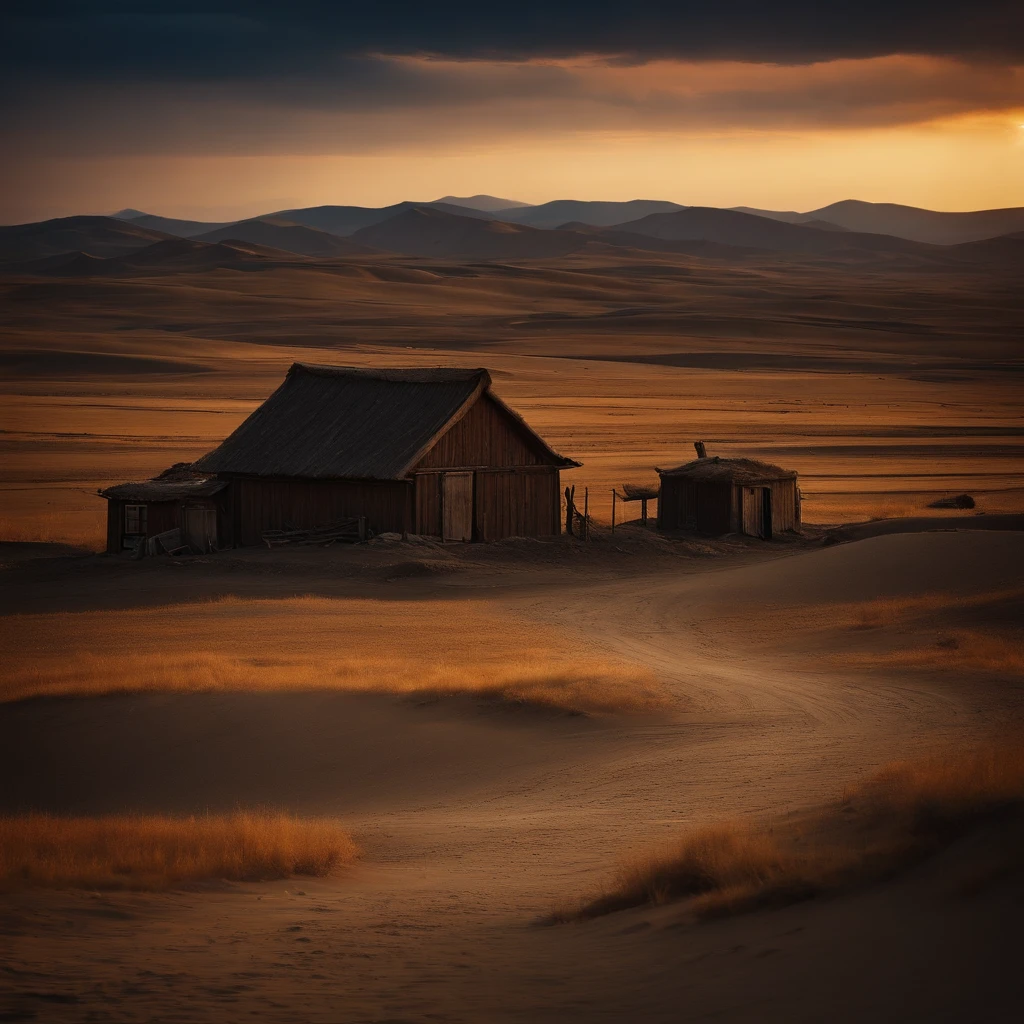Desolate steppe，Mongolian steppe，the night，barren，Poor small village，(best qualityer, tmasterpiece:1.3), very detailed illustration,