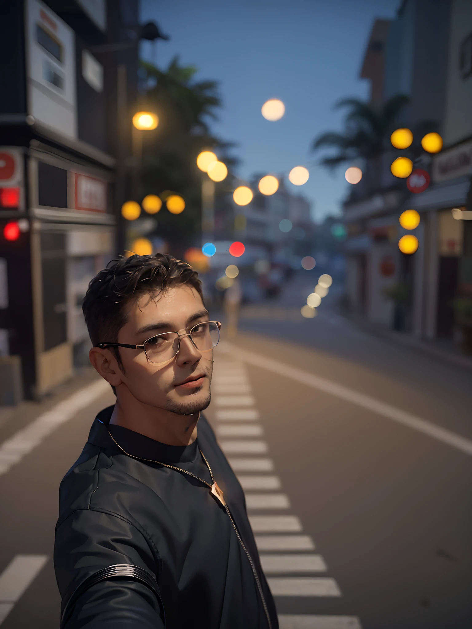 There's a man taking a selfie on the street at night, imagem de qualidade muito baixa, imagem desfocada, foto de baixa qualidade, Fotografia selfie 8k, on a street at night, blurry background, fotografia de baixa qualidade, in the nighttime, bokeh apenas em segundo plano, desfoque de fundo, Retrato tirado 8 K, foto da noite, in city street at night, detailed unblurred face