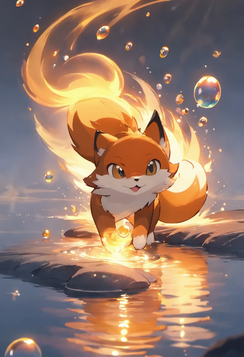 An exciting scene in ultra-high-definition 3D showing a fiery red fox making a wish next to a tranquil lake. Essa raposa vermelha, lindamente renderizado em detalhes, It is seen gently blowing bubbles into the lava, each carrying a hopeful desire. As bolhas captam o reflexo do sol poente, criando um sonhador, magical effect. The general atmosphere is one of tenderness, full of hope and serenity