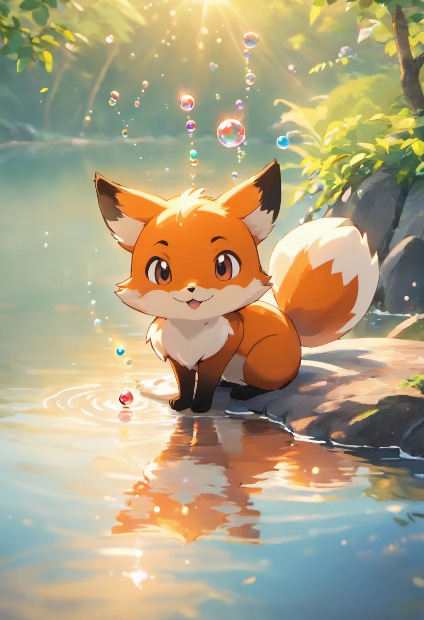 An exciting scene in ultra-high-definition 3D showing a fiery red fox making a wish next to a tranquil lake. Essa raposa vermelha, lindamente renderizado em detalhes, It is seen gently blowing bubbles into the lava, each carrying a hopeful desire. As bolhas captam o reflexo do sol poente, criando um sonhador, magical effect. The general atmosphere is one of tenderness, full of hope and serenity