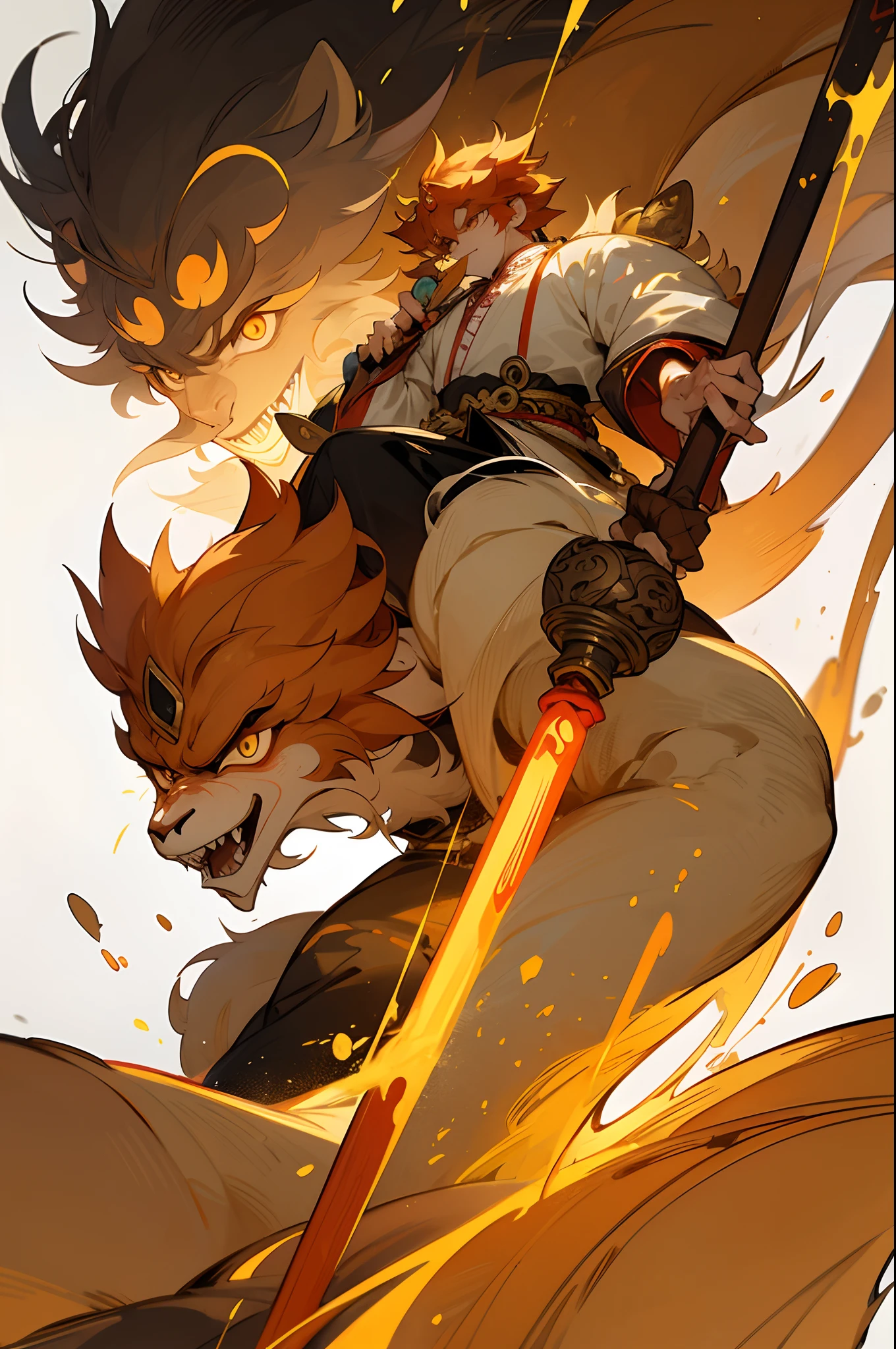 Create an anime-style artwork featuring a majestic Oriental dragon with Sun Wukong (Monkey King) riding on its back. The design should be primarily in black and white, with an emphasis on clean lines and intricate details. The dragon should appear powerful and imposing, adorned with Asian-inspired scales and ornaments. Sun Wukong should be portrayed in a heroic stance, dressed in traditional Chinese attire and wielding his magical weapon, the golden staff. Add selective touches of color to highlight specific elements, such as the dragon's eyes, the golden staff, and other significant details. The final result should convey the essence of Chinese mythology and the epic adventure of Sun Wukong.
