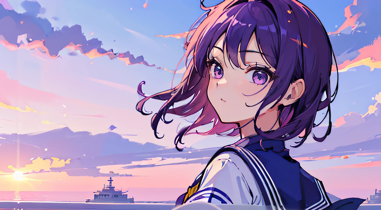 ((tmasterpiece，4k wallpaper，best qualtiy))、((girl with１a person))、(独奏)、Brilliant，(Purple hair)、short-cut、25-years old、Click here for the line of sight、blue-sky、sailor