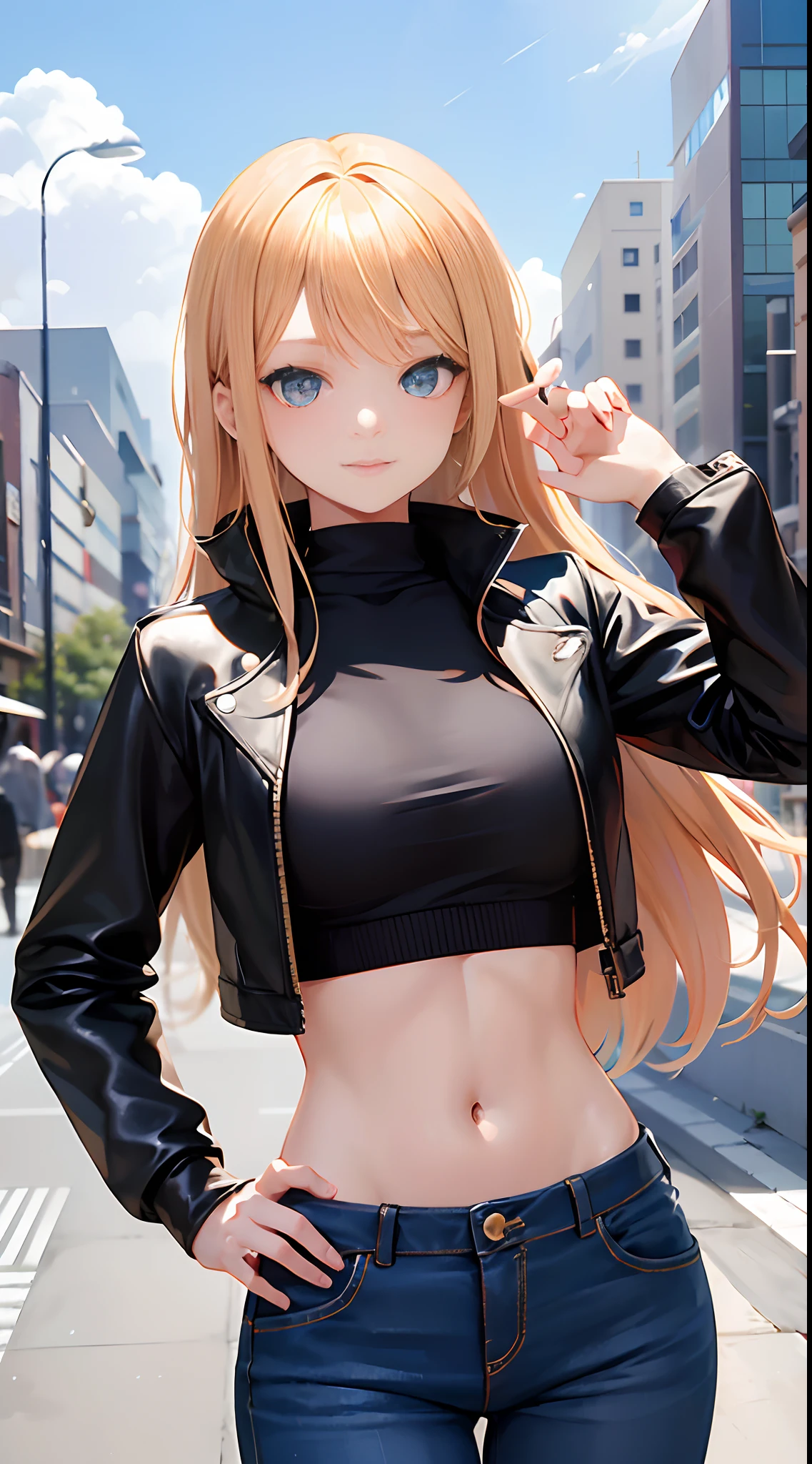 アニメスタイルの女の子 イラスト アニメスタイルの黒のトップスとジーンズを着た女性の画像 - SeaArt AI