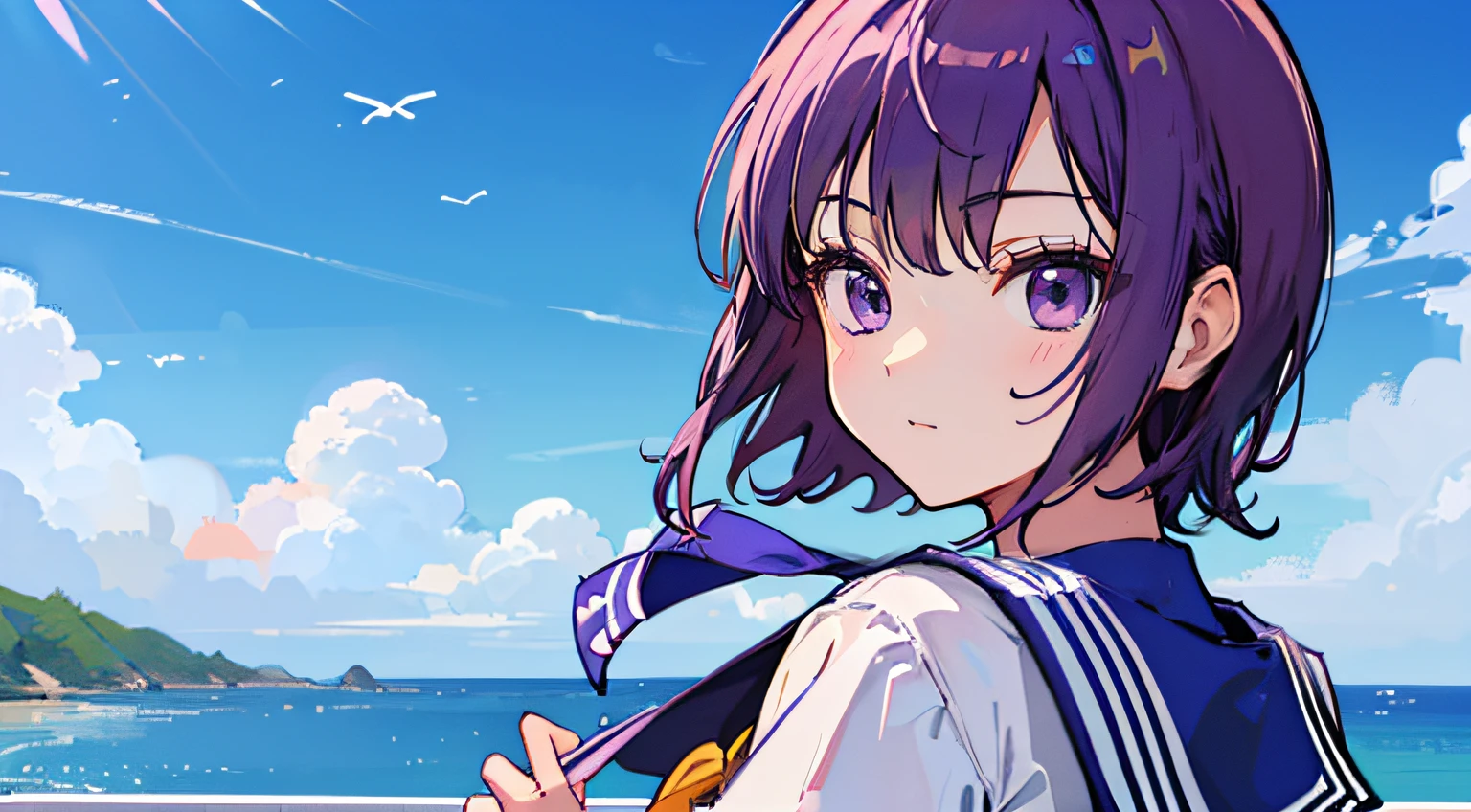 ((tmasterpiece,4k wallpaper,best qualtiy))、((girl with1a person))、(独奏)、Brilliant,(Purple hair)、short-cut、25-years old、Click here for the line of sight、blue-sky、sailor
