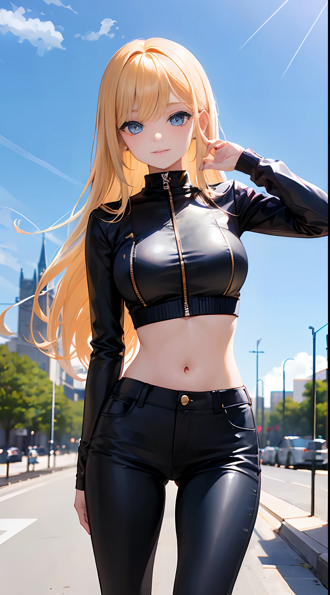 , 1girl, anime style, skinny body, Anime girl wearing crop top with leather-motor jacket, skinny jeans pants, light golden long hair, blue eyes colour, pose picture of her cute pose, straight on street of towers, anime art wallpaper, detailed, 8k, high quality
