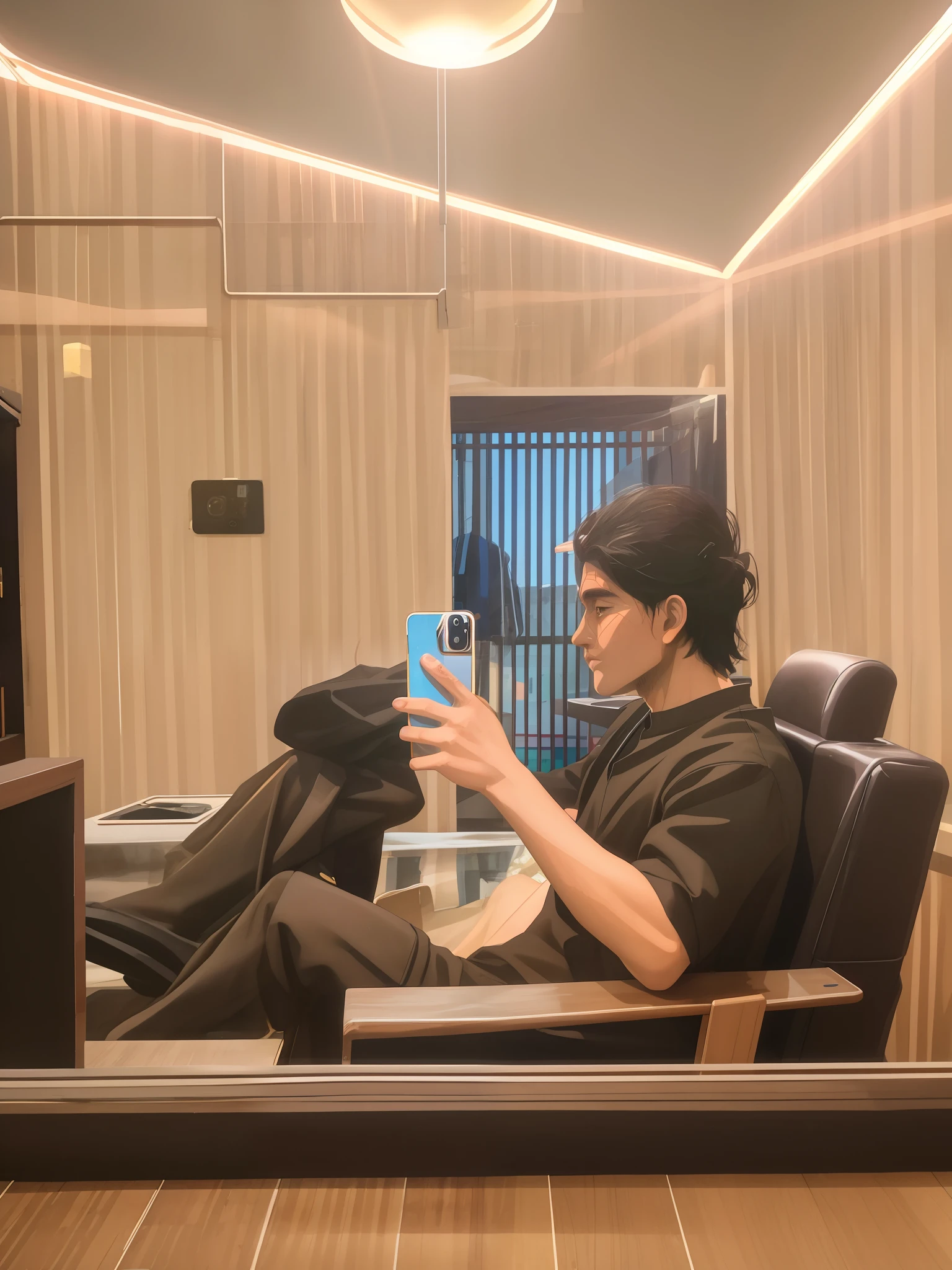 there is a man sitting in a chair using a cell phone, looking at his phone, mirror selfie, by Kanbun Master, 8k selfie photograph, with short hair, captured on iphone, shot with iphone 1 0, taken with sony alpha 9, the hime cut, set on singaporean aesthetic, modern look, selfie, 🕹️ 😎 🚬