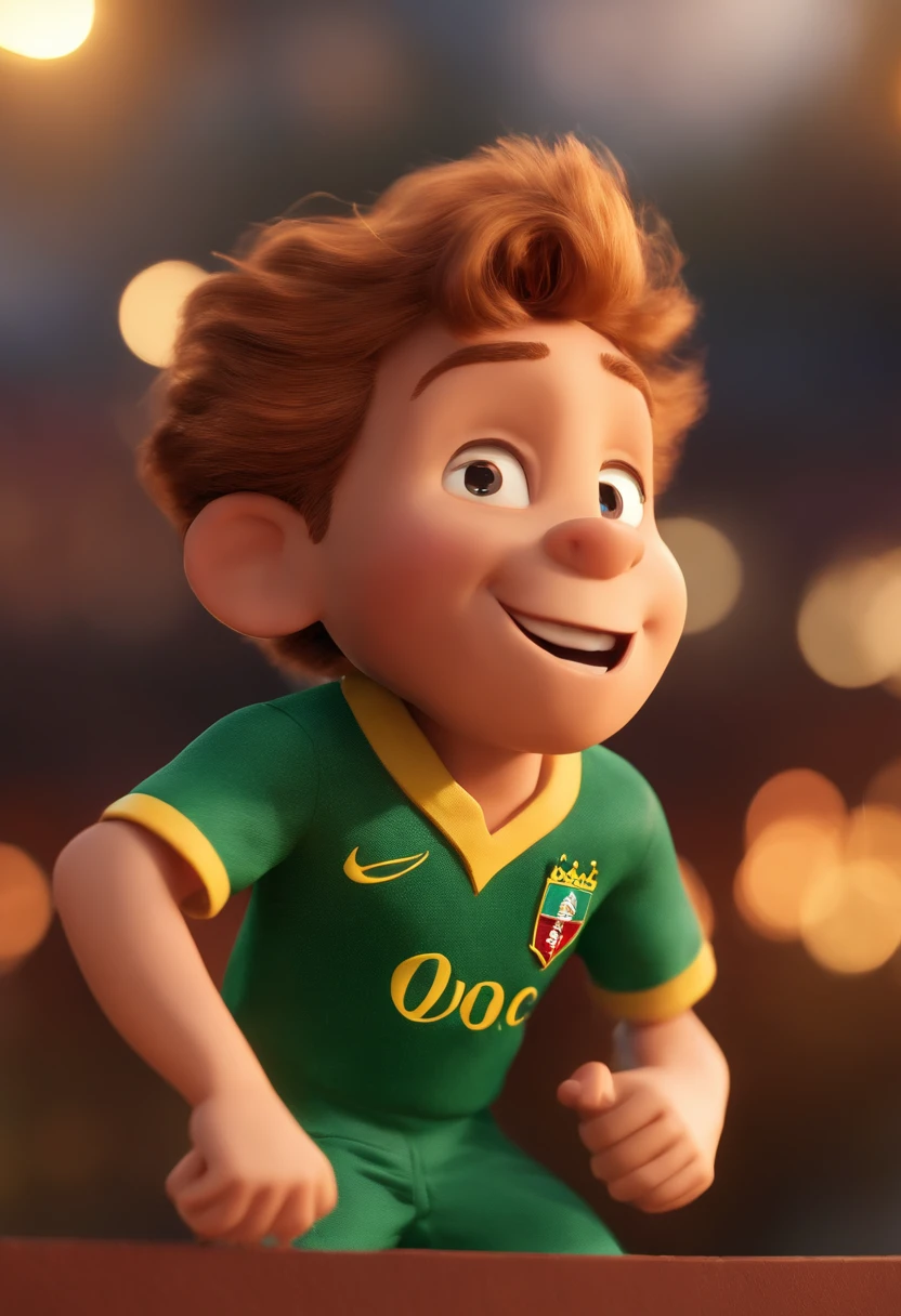 Garoto loiro, estilo disney, tom de pele: claro:  Cabelo: loiro, liso, curto, penteado para o lado direito. camisa: Fluminense, futebol. Fundo: fireworks, Comemorando, Hands raised, sorrindo, feliz, (estilo pixar) (obra-prima:1.2) (bokeh) (melhor qualidade) (pele detalhada) (textura detalhada) (8k) (claymation) (cinematic lighthing) (foco nítido