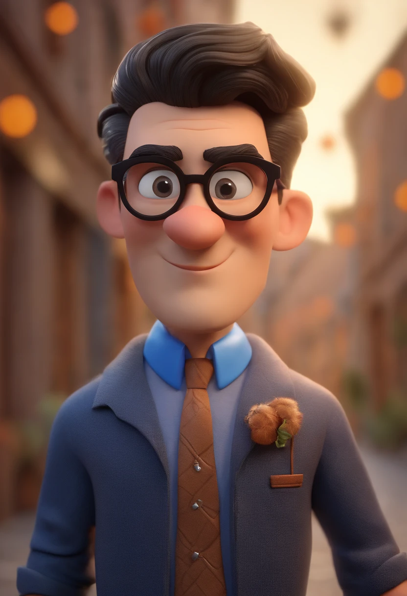Cartoon character of a man wearing black glasses and a blue shirt, um personagem animado, Caractere estilizado, animation style rendering, 3D estilizado, Arnold Maya render, 3 d render stylized, toon render keyshot, Personagem 3D, Personagem 3D, 3d rendering stylized, 3 d character render, personagem de desenho animado, Personagem de close up, Pose de personagem, (Estilo Pixar) (master part:1.2) (Bokeh) (best quality) (pele detalhada) (textura detalhada) (8k) (argila) (Cinematic lighting) (foco nítido,Senta e vaza a parte superior do corpo