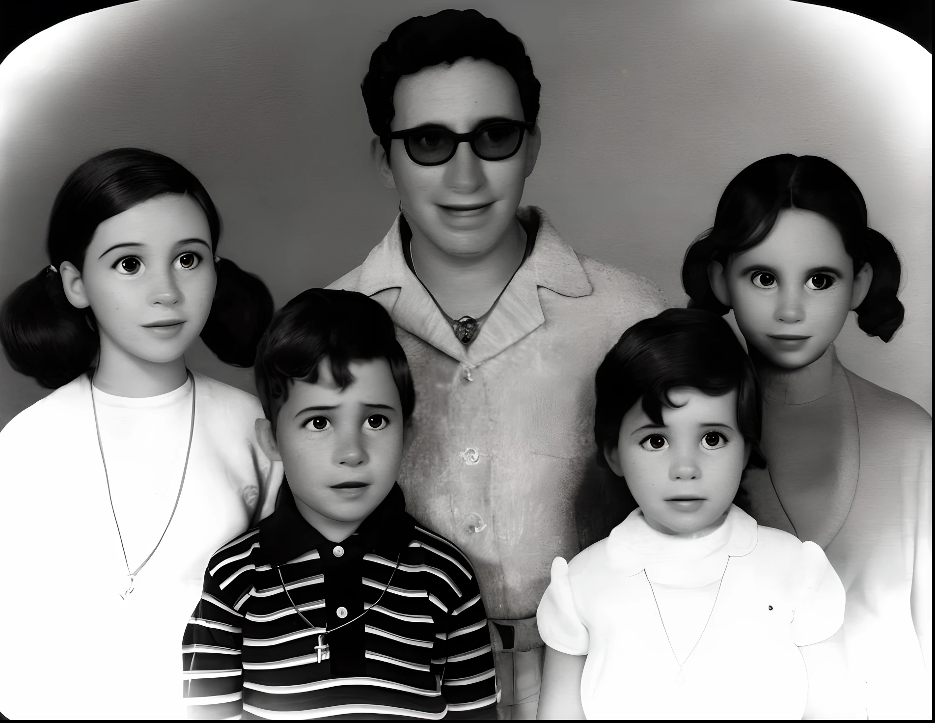 Arafed black and white photo of a family of four, taken in the early 1960s, final 1 9 6 0 anos, imagem antiga, historical picture, historical image, foto antiga, 1950s family, historic photo, foto antiga em preto e branco, 1 9 7 5 foto, largura da foto antiga 768
