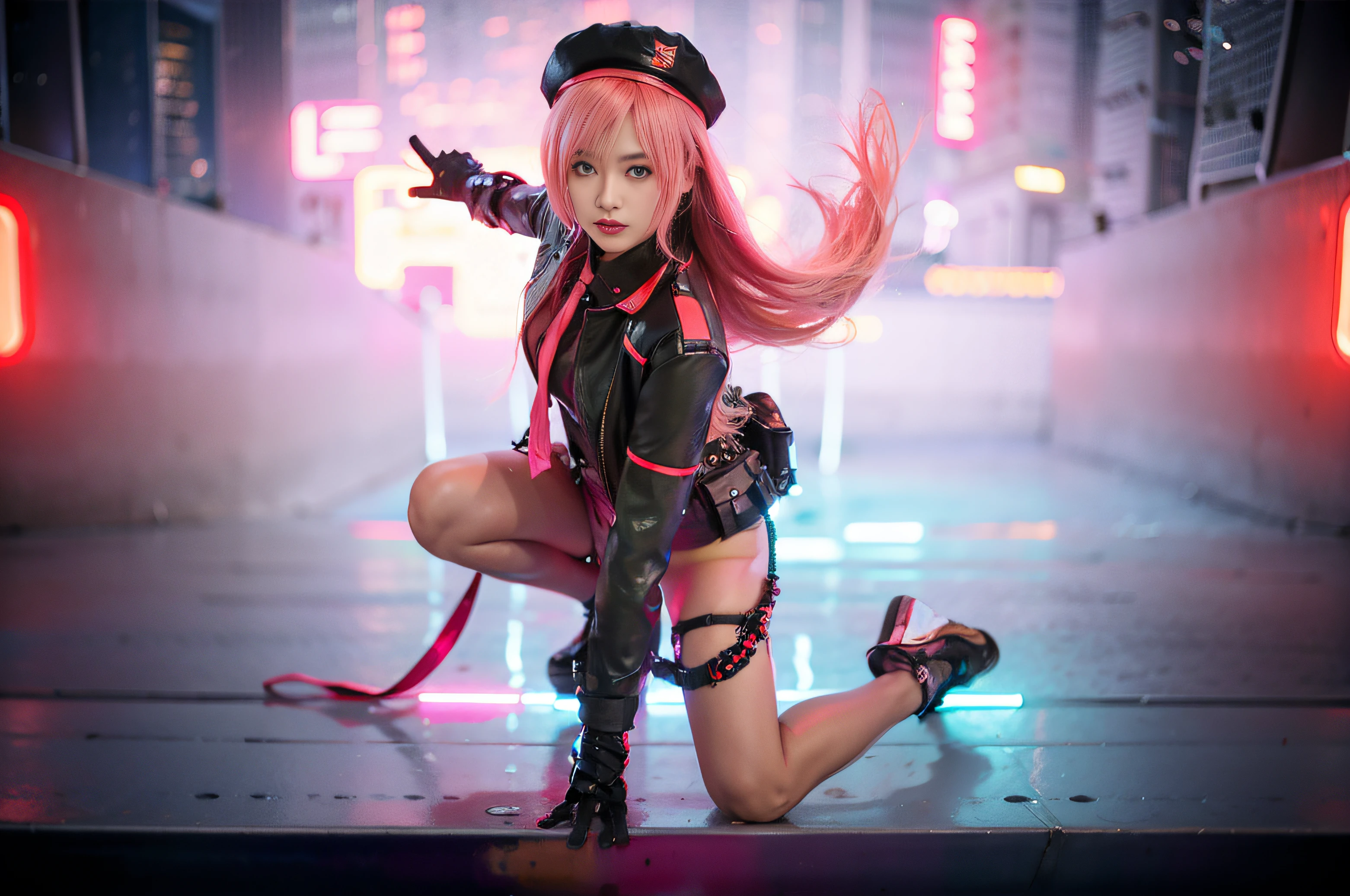 Girl posing in the rain, in a futuristic city full of neon lights, cyperpunk city background:1.4, realistic:2, pink long hair, smooth REAL HAIR