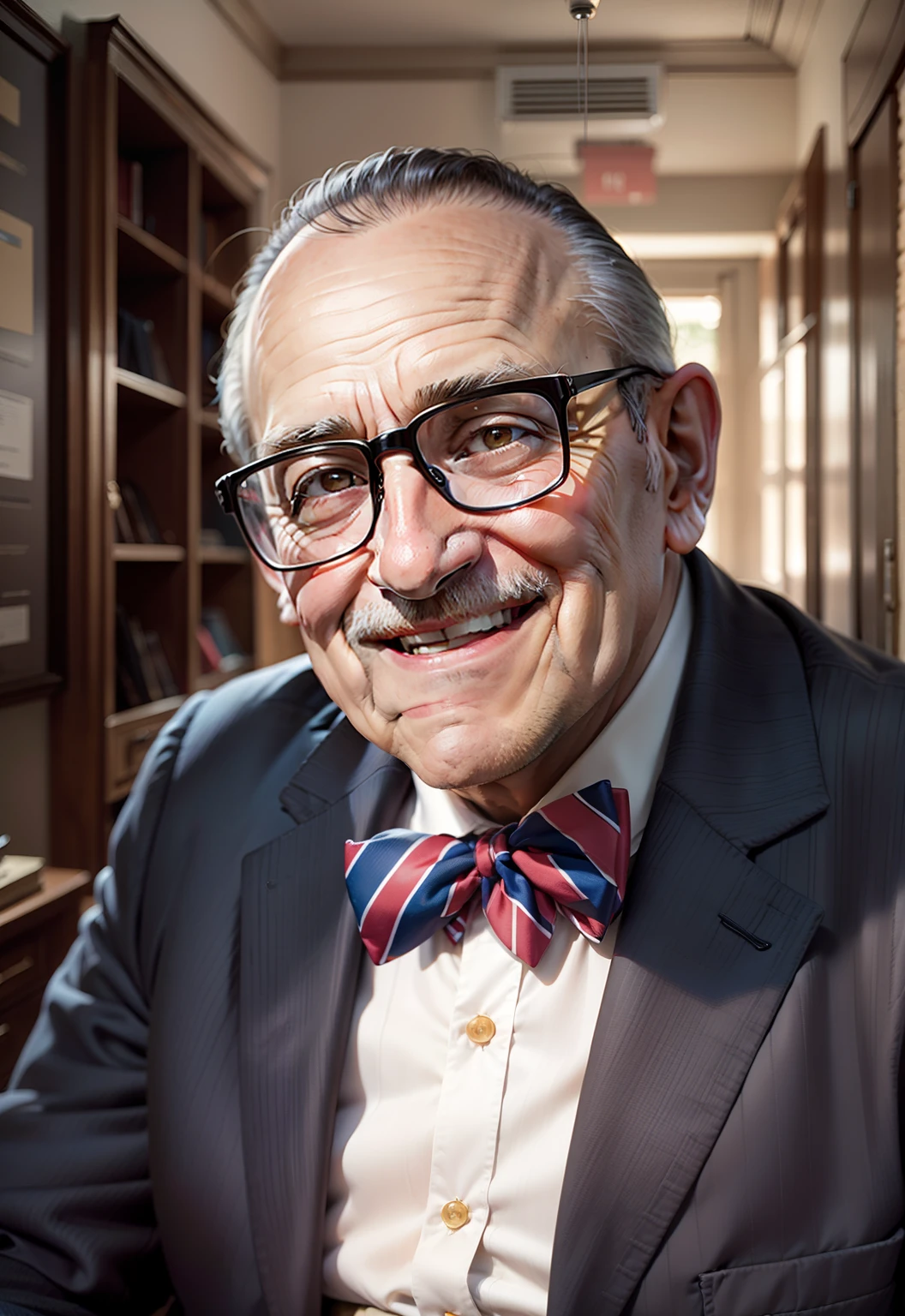Color portrait of economist Murray Rothbard, brown eyes, gray hair, brown acrylic men's glasses, wearing bow tie with red and navy blue stripes, smiling, super realistic.