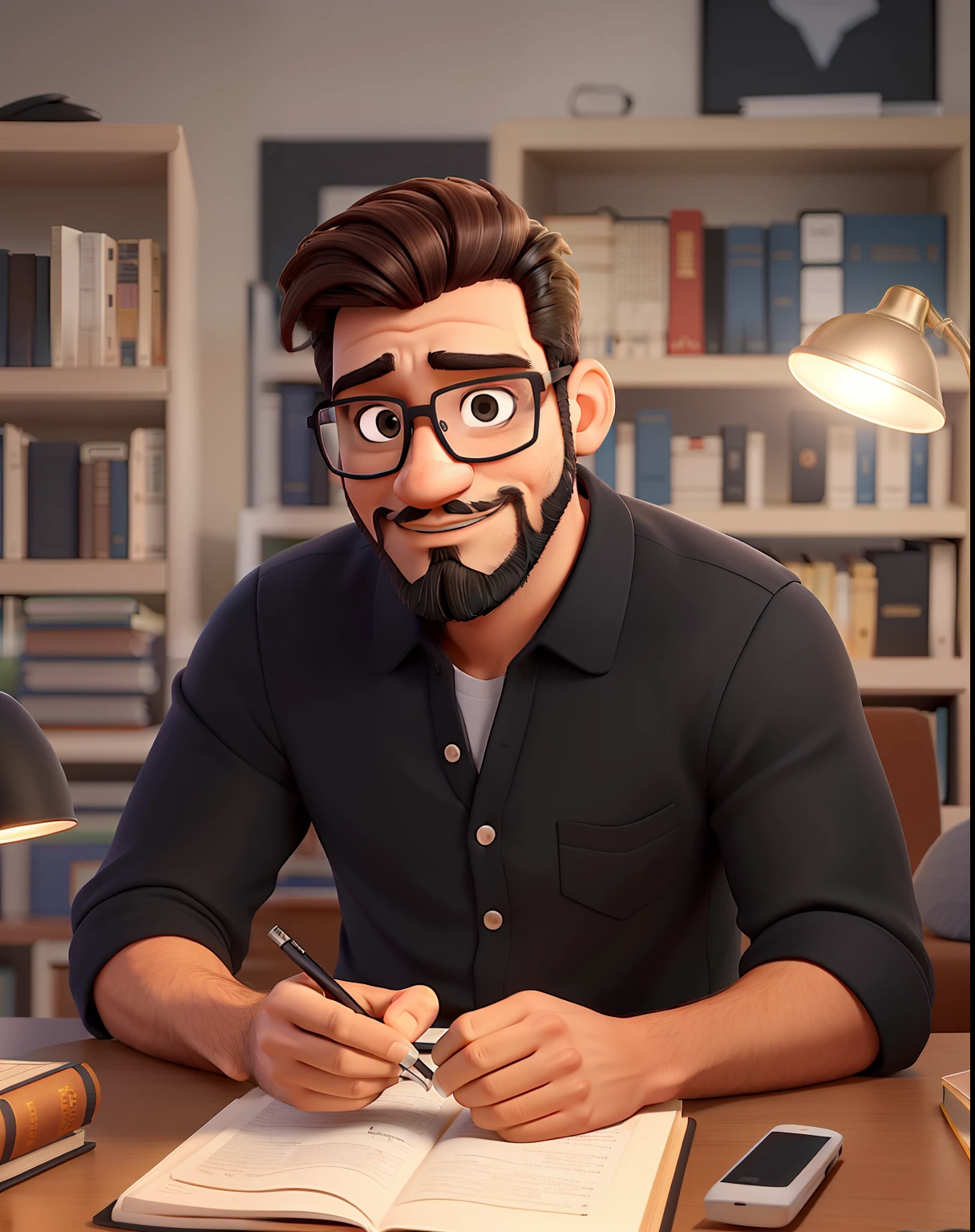 Um homem de 31 anos, de cabelo preto curto, with a black short beard and glasses, parado na frente, illuminated by the light of a lamp, contra o pano de fundo de uma biblioteca