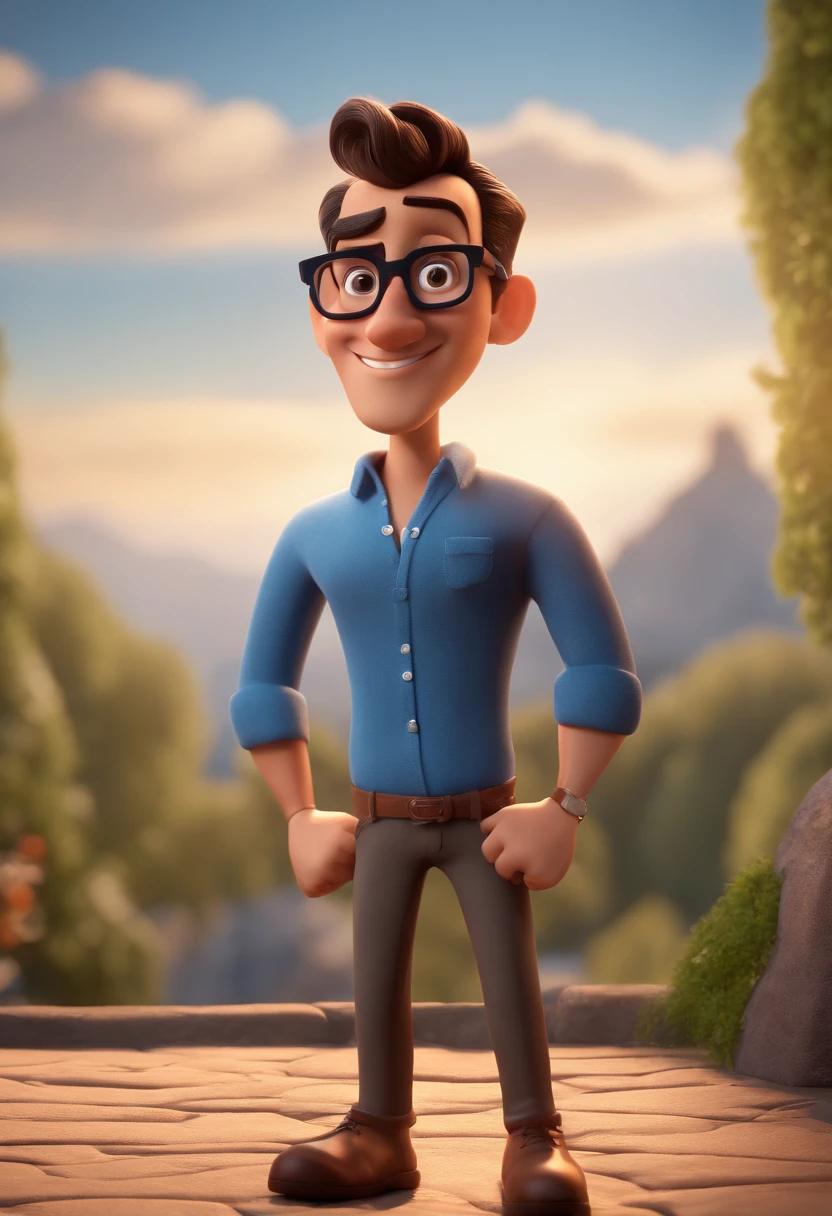 Cartoon character of a man with black glasses and a blue shirt, animation character, Caractere estilizado, animation style rendering, 3D estilizado, Arnold Maya render, 3 d render stylized, toon render keyshot, Personagem 3D, Personagem 3D, 3d rendering stylized, 3 d character render, personagem de desenho animado, Personagem de close up, Pose de personagem,  (Estilo Pixar) (master part:1.2) (Bokeh) (best quality) (pele detalhada) (textura detalhada) (8k) (argila) (Cinematic lighting) (foco nítido