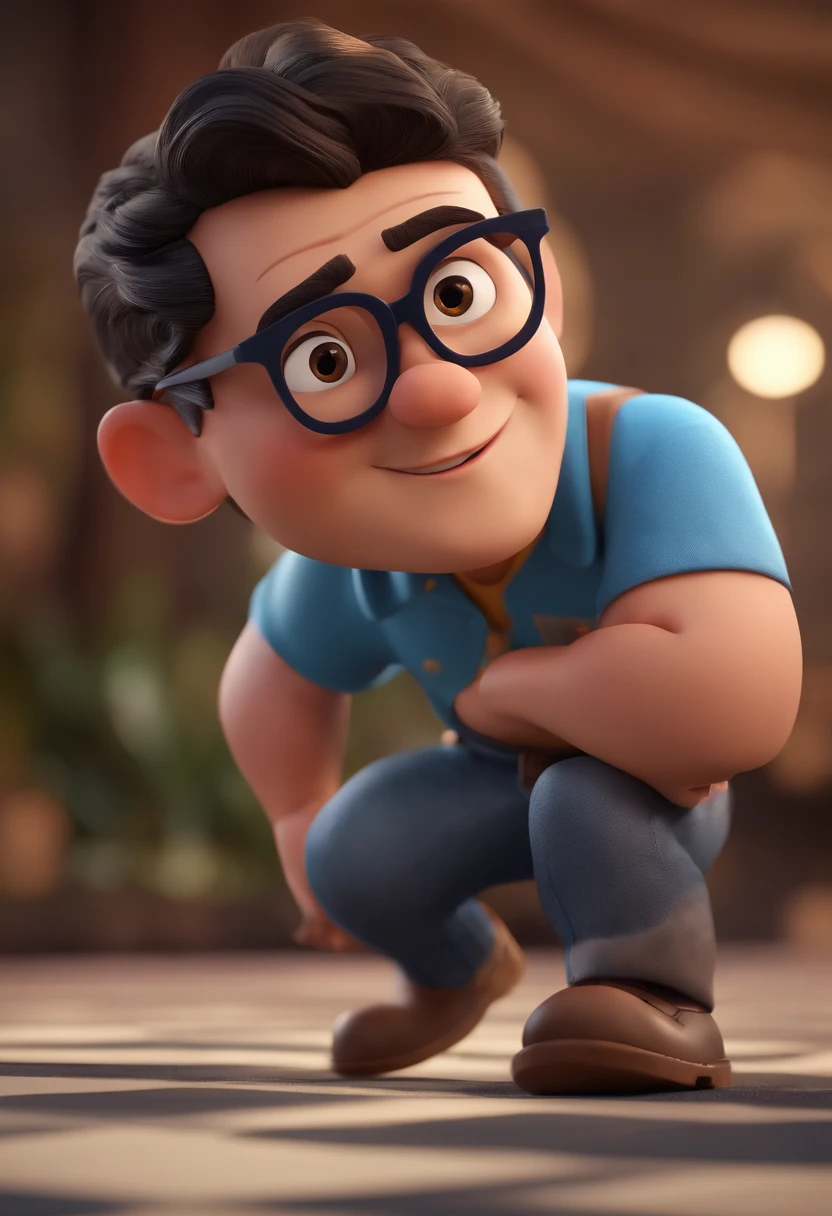 Cartoon character of a man with black glasses and a blue shirt, animation character, Caractere estilizado, animation style rendering, 3D estilizado, Arnold Maya render, 3 d render stylized, toon render keyshot, Personagem 3D, Personagem 3D, 3d rendering stylized, 3 d character render, personagem de desenho animado, Personagem de close up, Pose de personagem,  (Estilo Pixar) (master part:1.2) (Bokeh) (best quality) (pele detalhada) (textura detalhada) (8k) (argila) (Cinematic lighting) (foco nítido