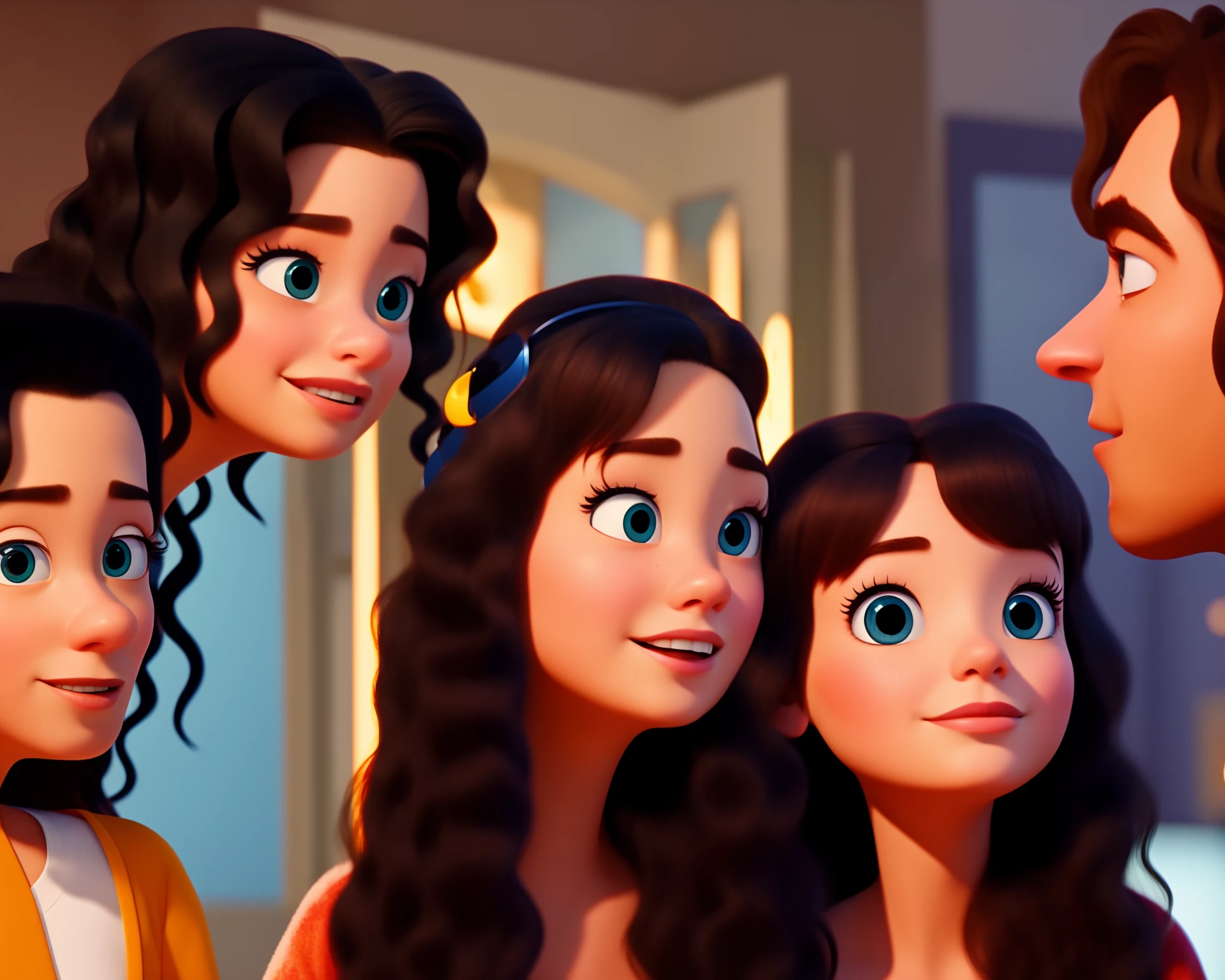 Disney Pixar poster ,Anca,and a woman with long straight black hair standing opposite a man with wavy hair in the mirror