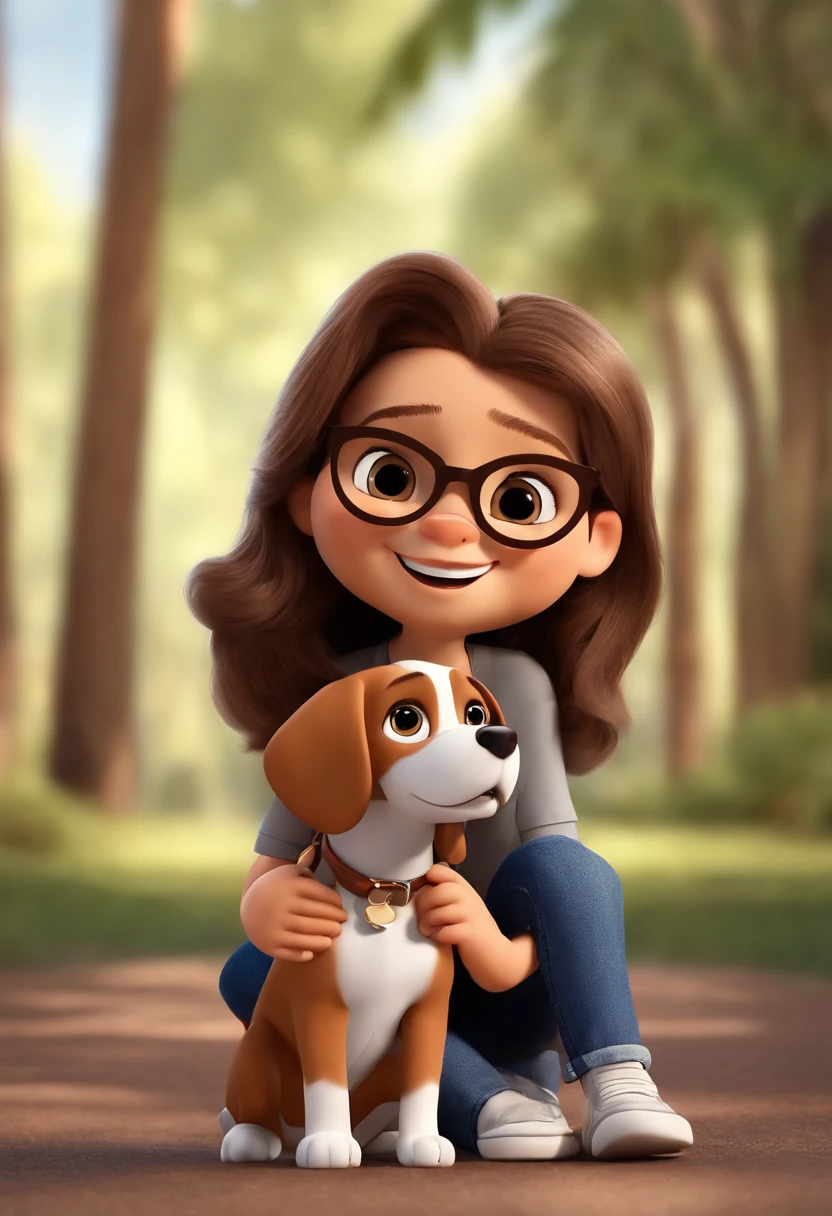 Pixar. Casal com um filhote de cachorro beagle marrom. A menina tem os cabelos loiros amarrados, Camiseta cinza e jeans claro, white glasses. O menino de cabelos pretos com cabelos grisalhos, barba pequena, oculos, Dark blue jeans and gray t-shirt. They are both smiling and are 40 years old