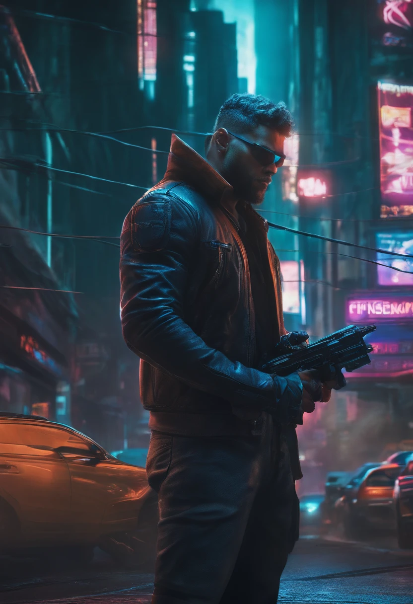 homem forte, Looking like a modified hero in a cyberpunk-style city