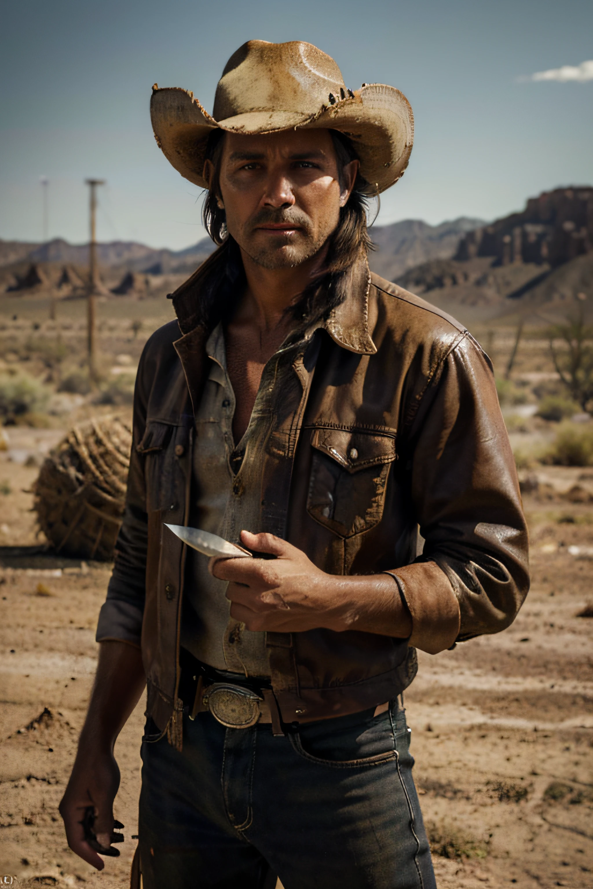 A cowboy with a knife, scars, detailed eyes and lips, weathered face, rugged cowboy hat, rugged clothes, confident expression, holding the knife with a firm grip, standing in a dusty desert landscape, under a scorching sun, with a dramatic lighting effect casting long shadows. The artwork is rendered in a medium that emphasizes the ruggedness and texture of the scene, such as oil painting or highly detailed digital painting. The colors are warm and earthy, with a touch of desaturation to enhance the gritty atmosphere. The image quality is of the highest standard, with ultra-detailed and realistic details. The prompt should also include tags like (best quality, 4k, highres, masterpiece:1.2), ultra-detailed, (realistic, photorealistic, photo-realistic:1.37), HDR, fine details, professional, vivid colors, and sharp focus.