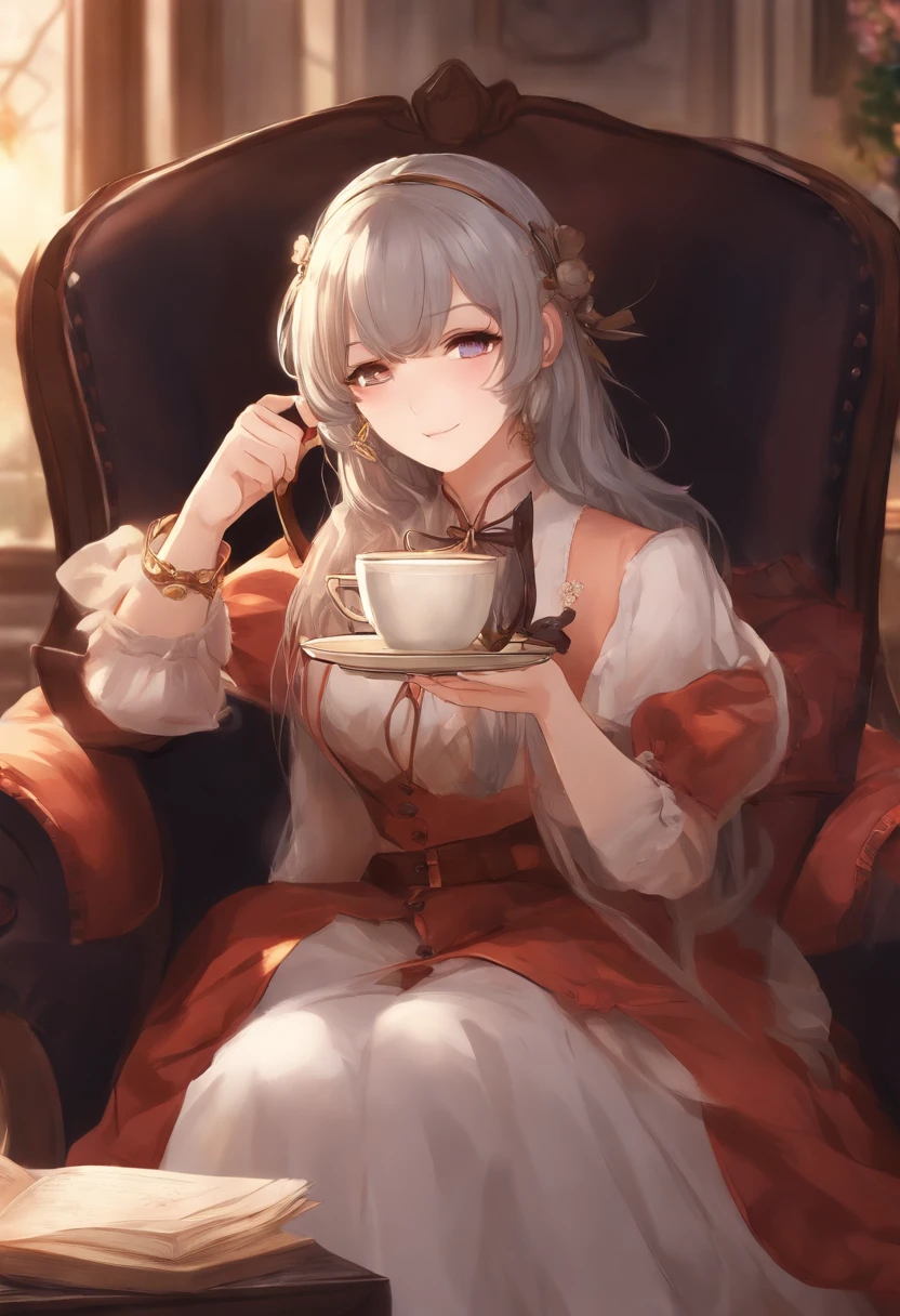 Anime girl sitting in chair with cup of coffee in hand, menina alquimista, arte da capa da light novel, Arte Oficial, epic light novel art cover, arte oficial, epic light novel cover art, Loli, Isekai, Loli curva pequena, Kushat Krenz, kushat kurenz arte chave feminina, estilo shadowverse, Moe dwarf,