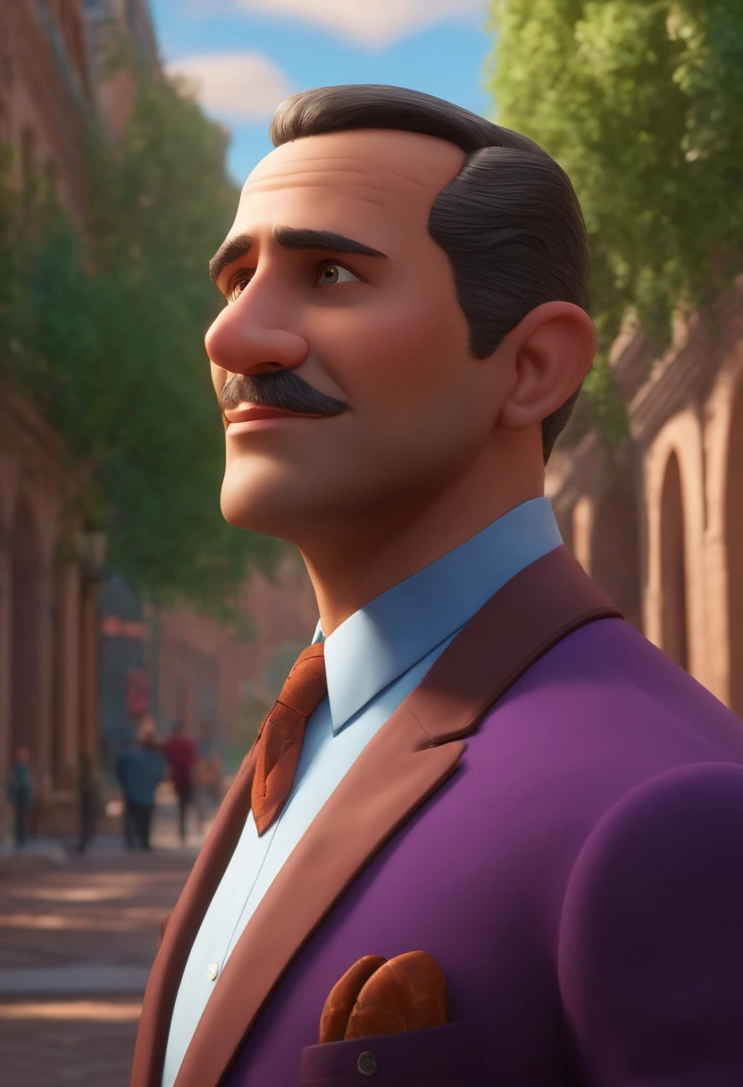 A city councilman looking at a dream project inspired by Pixar animation, de perto. The character takes center stage with captivating facial expressions, oferecendo um toque de irrealidade