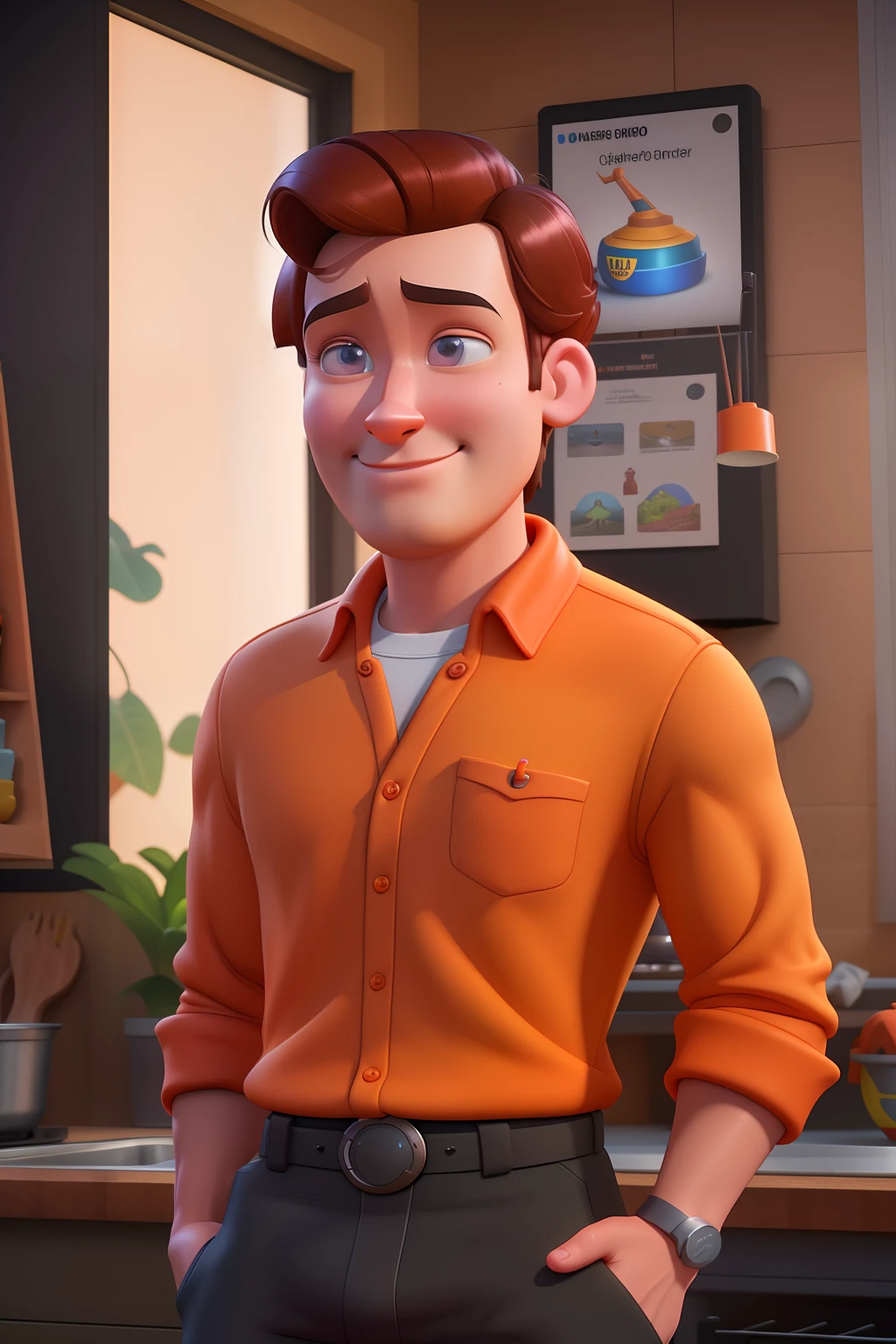 Man in orange shirt and black pants standing in a kitchen, Como um personagem da Pixar, pixarman rendering rendering, renderizar na pixar, pixar 3 d animation style, pixar retrato 8 k foto, animation character, Arnold Maya render, Representado como um personagem da Pixar, pixar octane render, personagem pixar, Estilo dos desenhos animados da Pixar, Personagem ideal da Pixar, renderizado em Arnold, pixar rendering