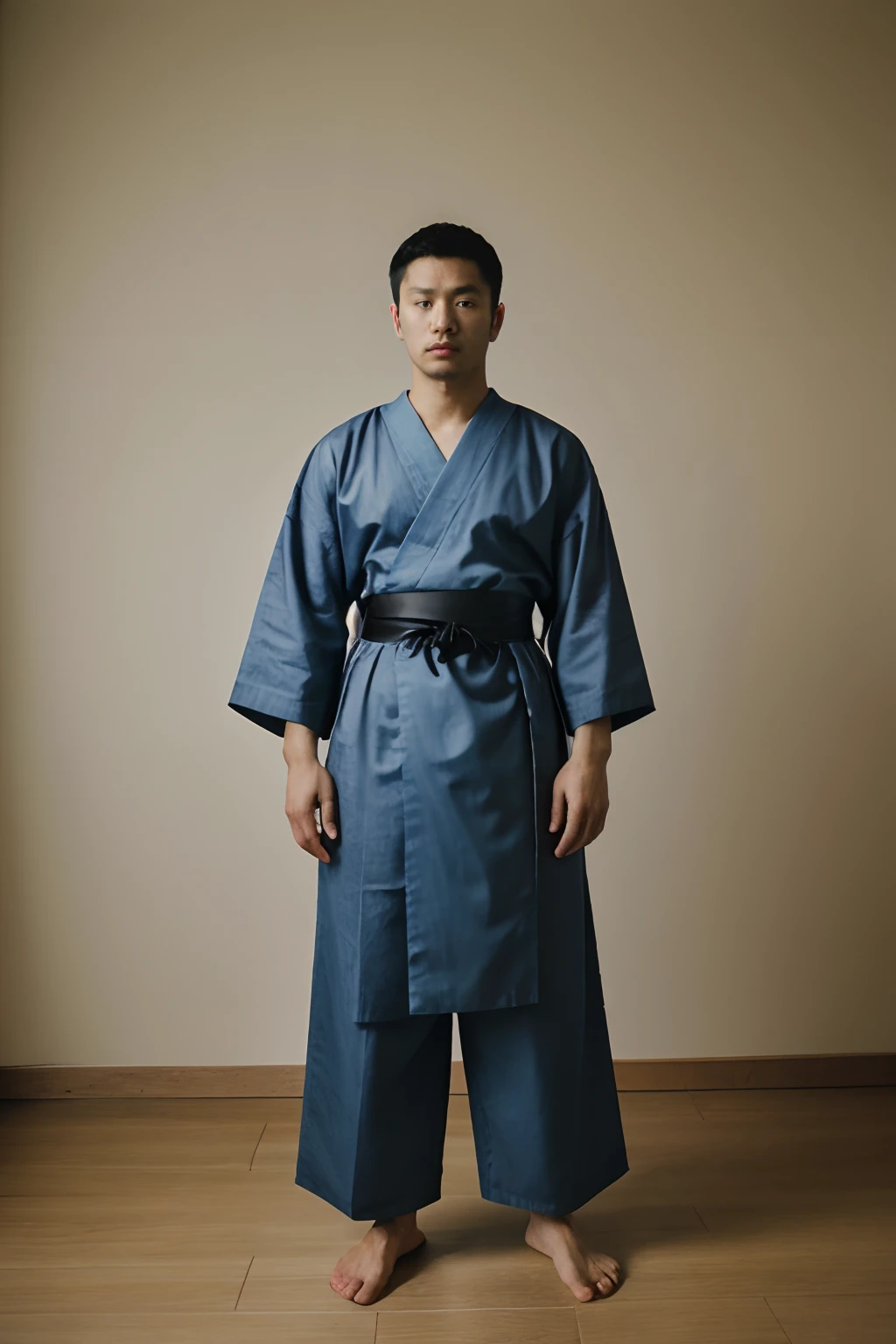 (best quality), (masterpiece), photography, realistic, 80s photo, Full body portrait of a Mexican samurai, youthful adult, tall, slender, skinny and shredded, high cheekbones, sharp jawline, expressive eyebrows, mustache, chin beard, short mullet hairstyle, middle parted hair, light tan skin, long neck, blue and silver hakama, cloud Japanese style KINRAN fabric, blue katana on hip, fuji film, summer vibrancy, cinematic, details, noisy film grain effect, super wide shot