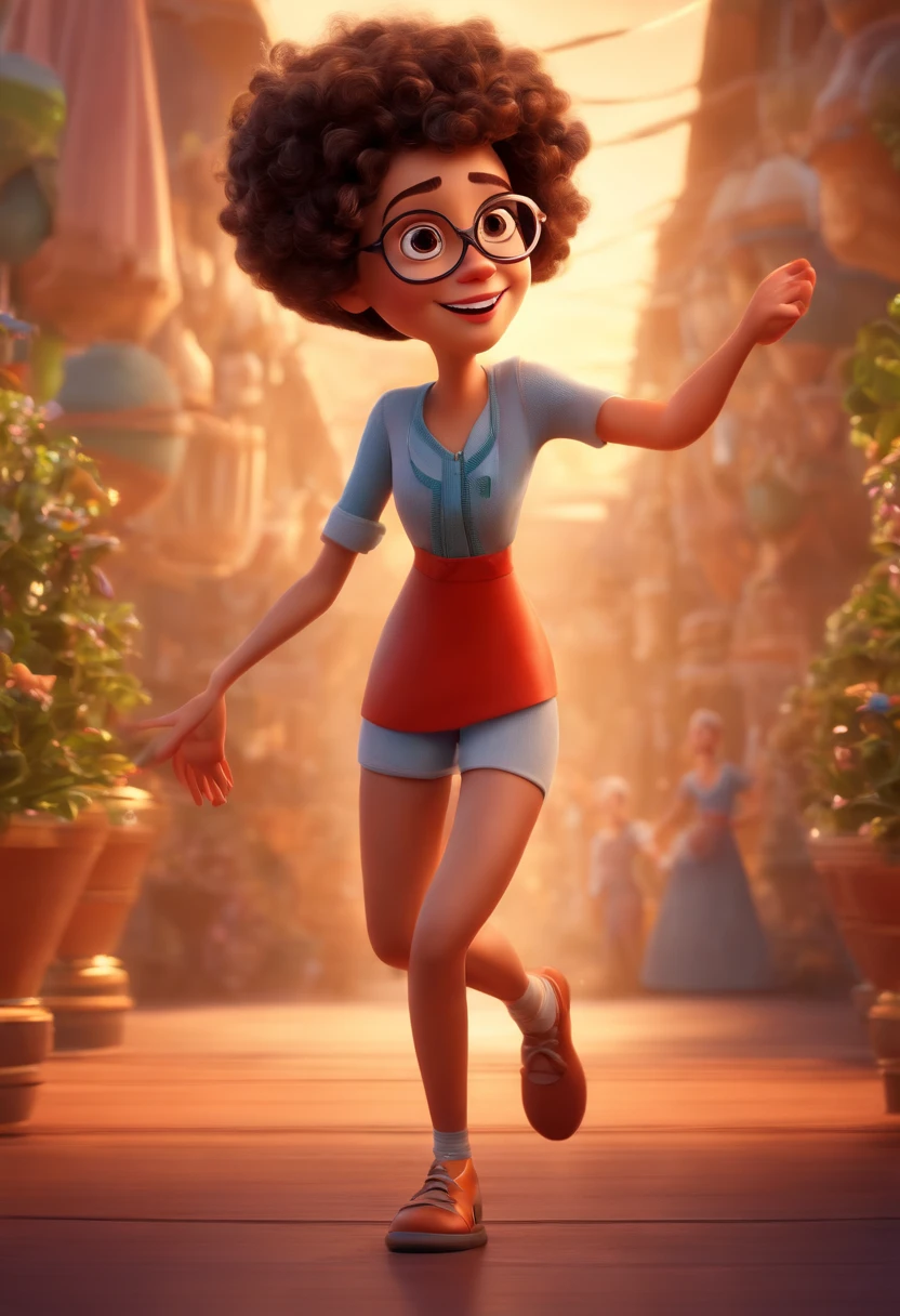 Pixar style image with 3D character white glasses brunette woman short curly hair dancing, Maquiagem Disney,Pescador, bonitinho, sorridente ,Close-up, Pixar, Disney, Cinema lighting,