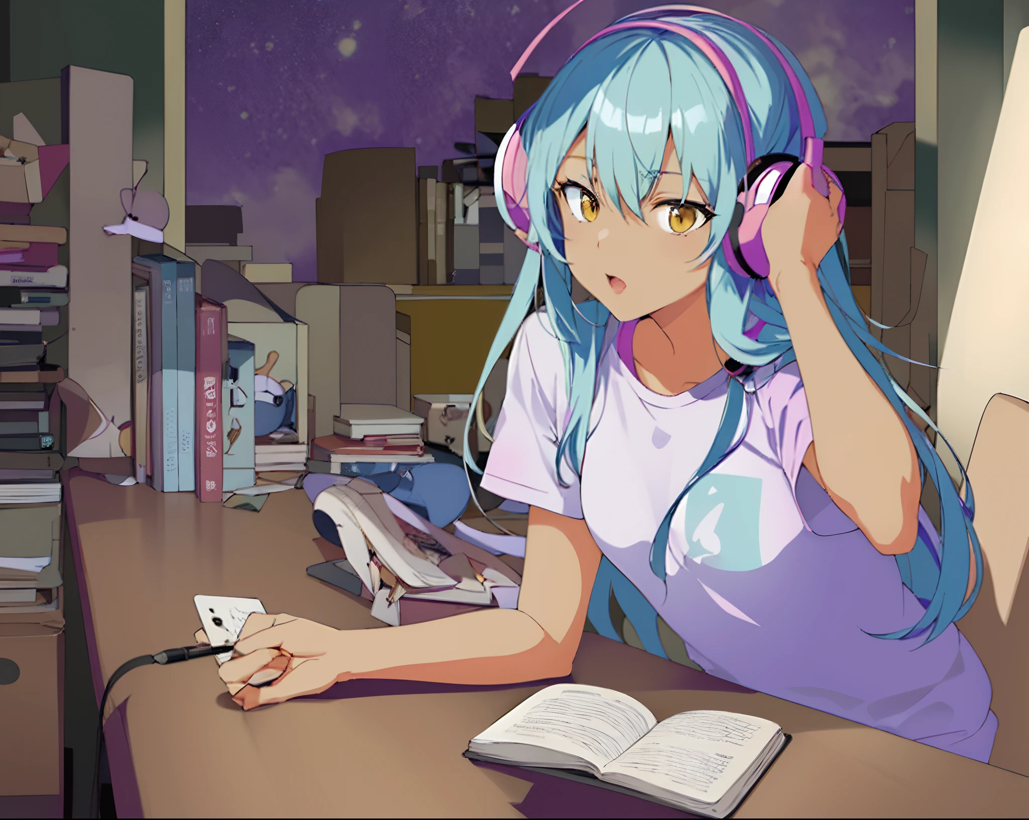 anime girl with blue hair and headphones sitting at a desk, digital anime illustration, busy night, 8 0 s anime vibe, 2d art, 2 d art, official fanart, in the art style of 8 0 s , dynamic angle, desk light, pink t-shirt, tanned skin, night skies, books on desk, pencils on desk, laptop on desk, notebook on desk, purple strikes on hair, long cyan hair, yellow eyes, pink headphones on head