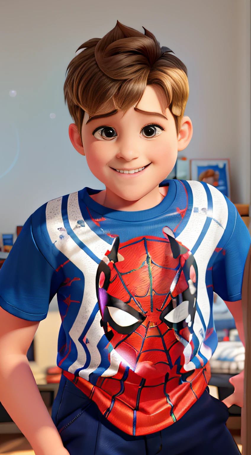 A -yeld bowearing a Spider-Man shirt, with blonde, wavy hair, smiling, illuminated by sunlight, against the backdrop of a gammer room.