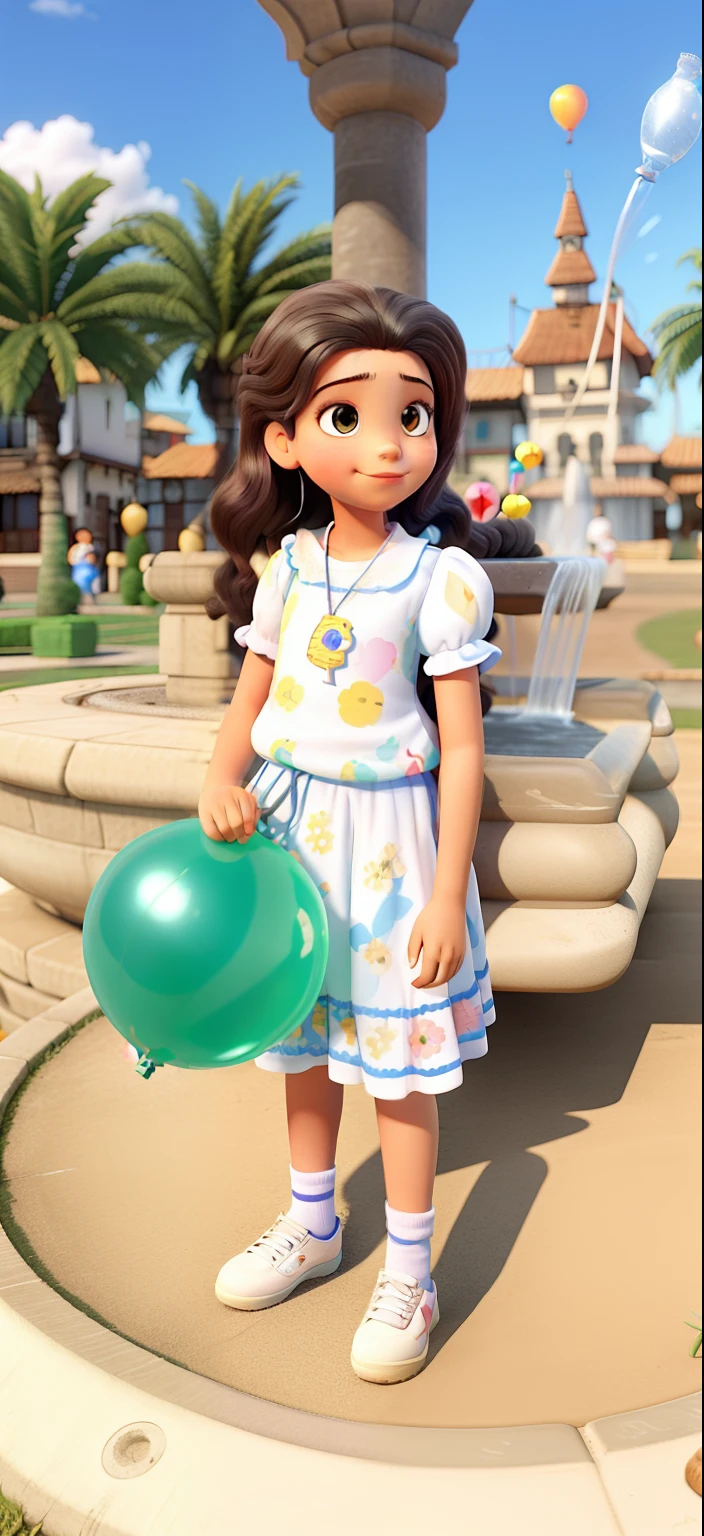 Uma menina branca, magra, franjinha, cabelo amarrado,With a balloon in hand high quality