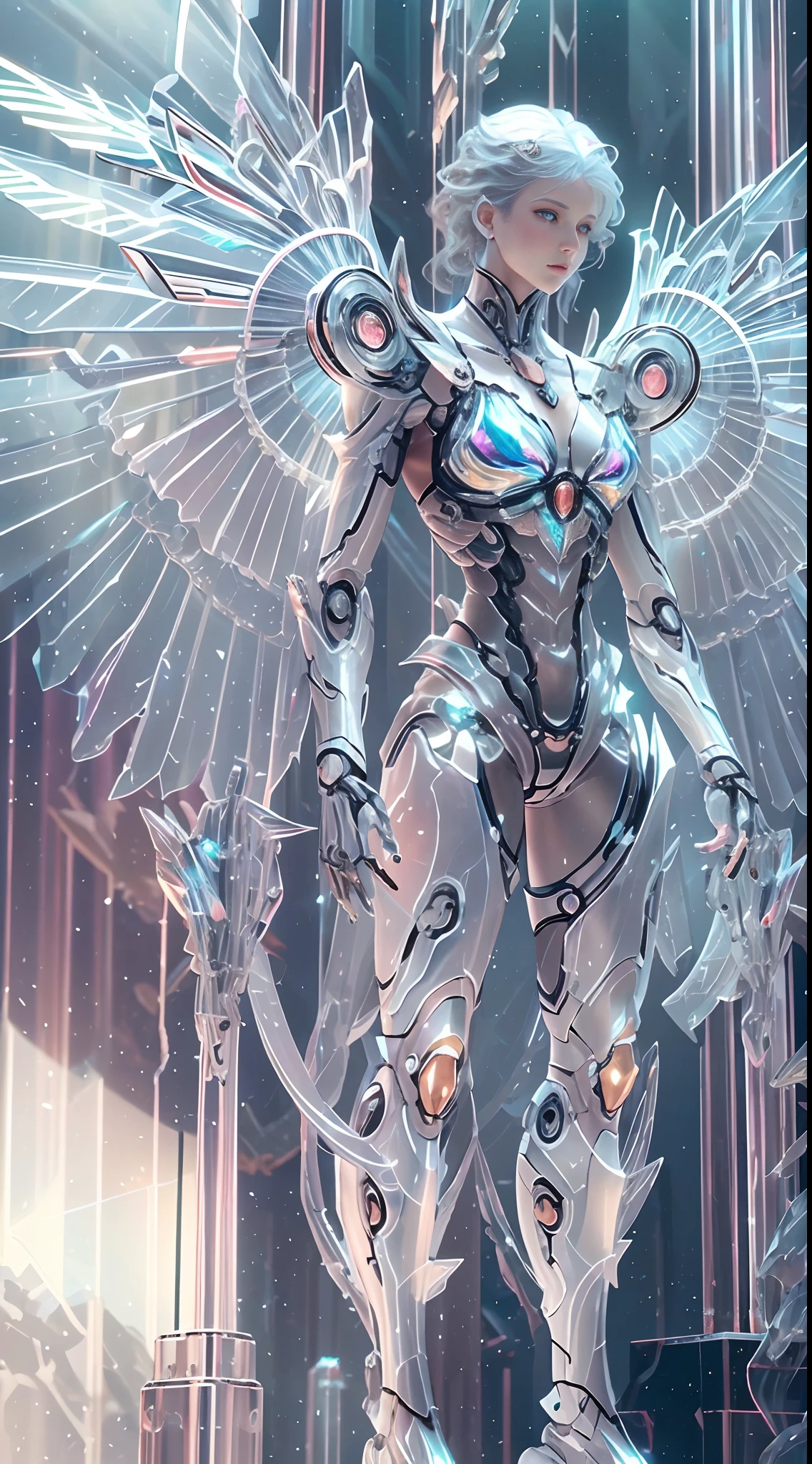 Translucent ethereal mechanical angel，Futuristic angels，Mechanical joints，Translucent angel wings，