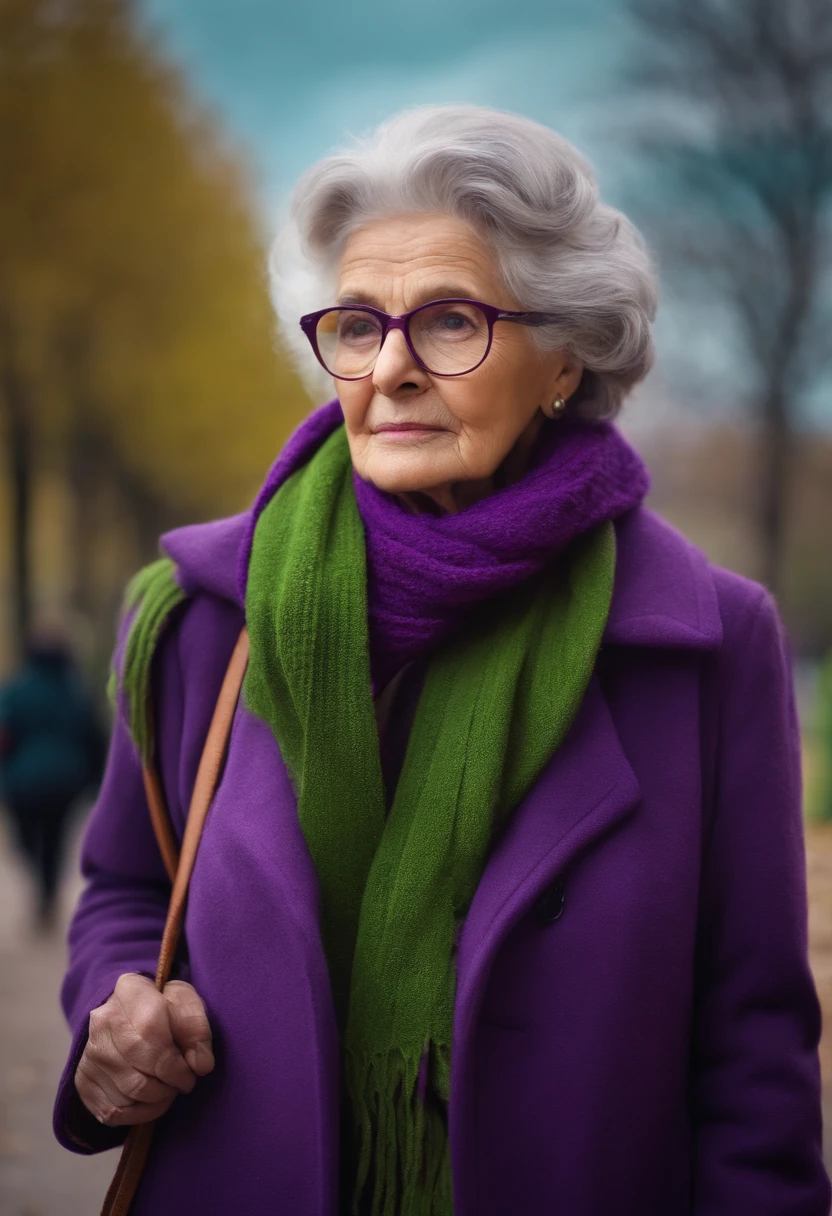 masterpiece, best quality, an old woman with glasses and a scarf on, wearing a purple coat and green scarf, standing at the park