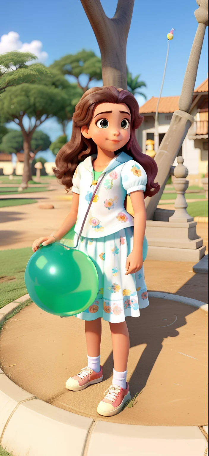 Uma branca, magra, franjinha, cabelo amarrado,With a balloon in hand high quality