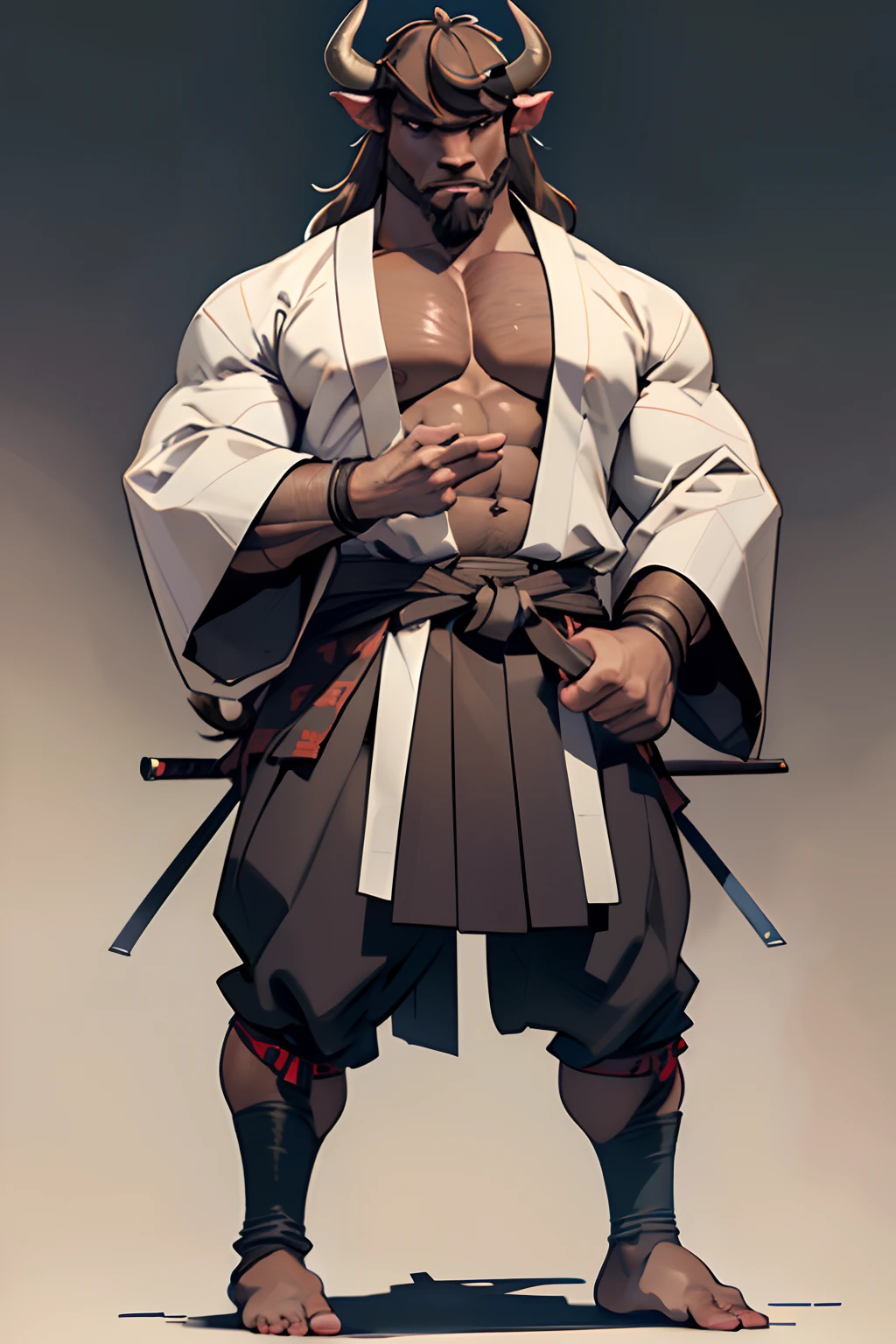 Best quality, 8k, realism, samurai, minotaur samurai, kimono, (wool:1.2), (bull's head), (the minotaur:1.5), (hooves:1.5), minotaur body, mane, beard, full body, very huge body size, huge hands