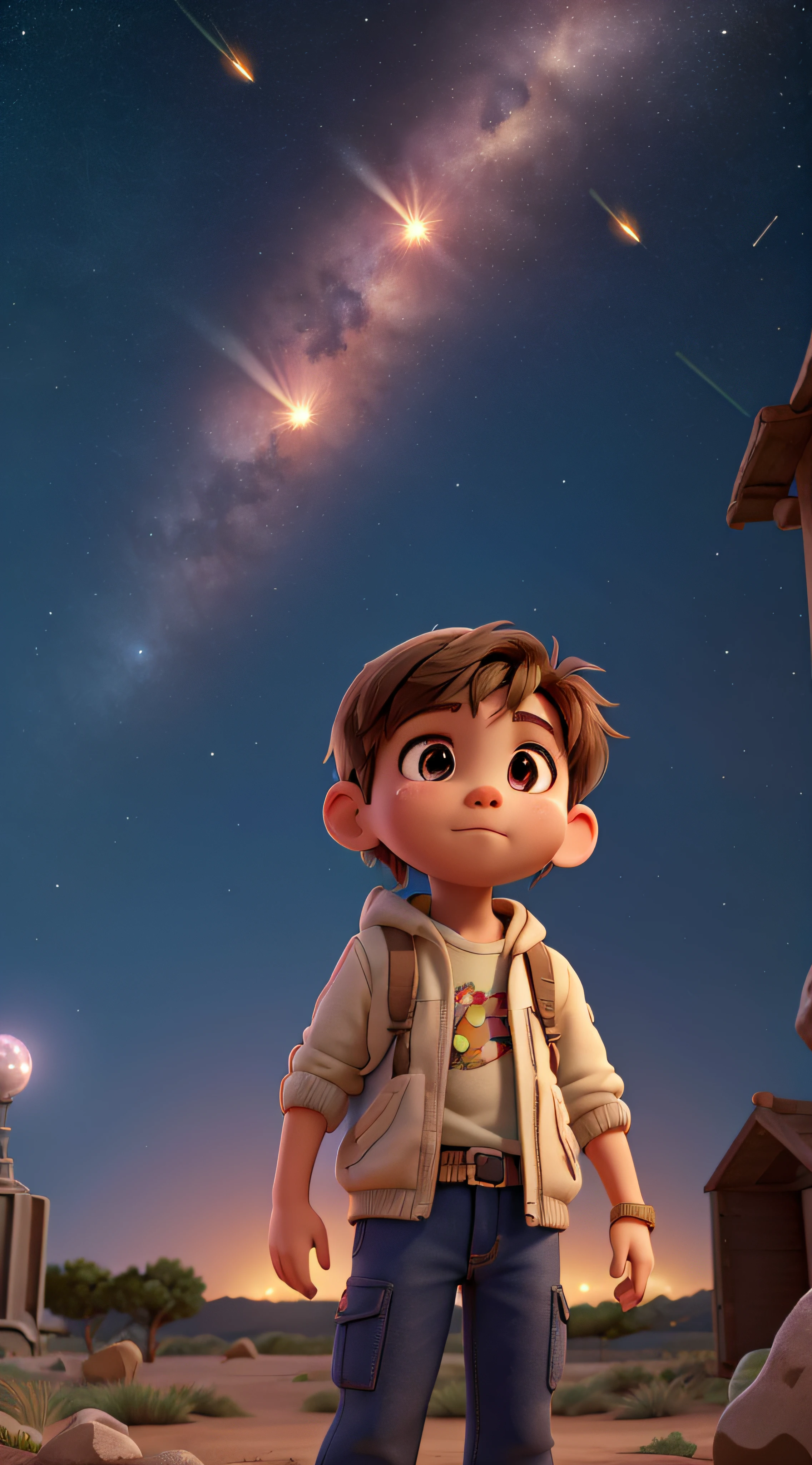 masterpiece: a child on Earth looks at a meteor shower, meteors falling from the sky, space galactic background, dynamic lighting, vibrant color. (best quality, 8k, highres, masterpiece: 1.2)