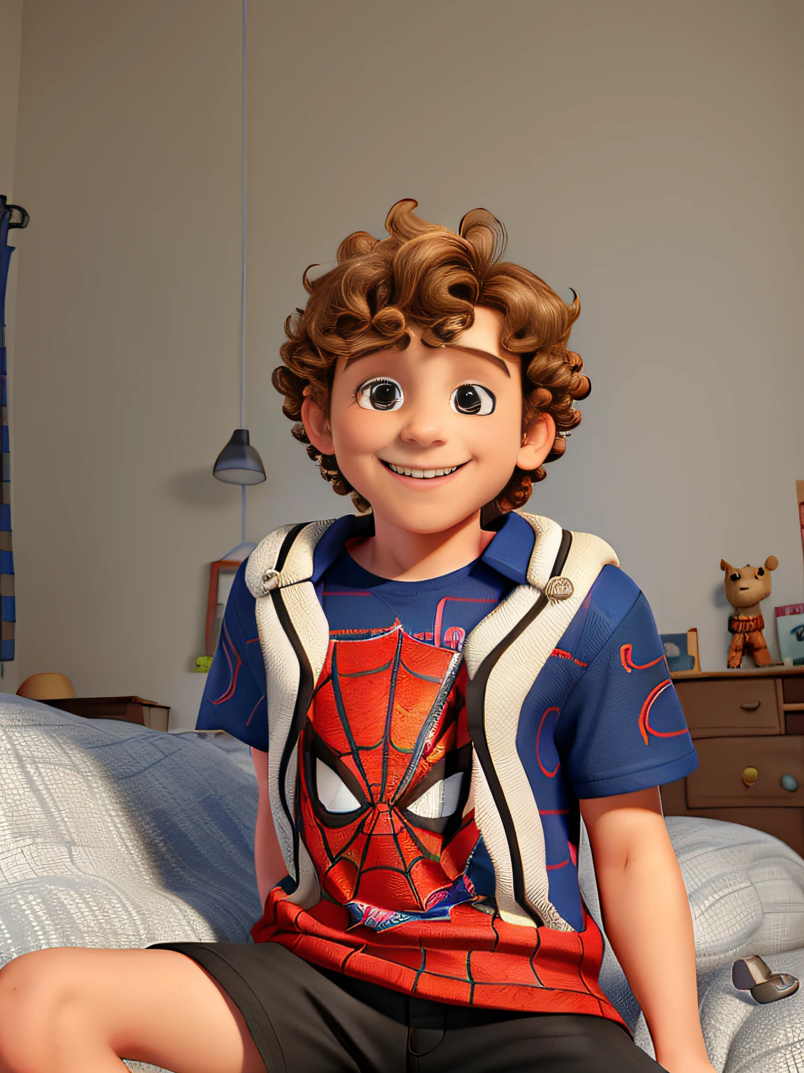 A -yeld bowearing a Spider-Man shirt, with blonde, curly hair, smiling, illuminated by sunlight, against the backdrop of a gammer room.