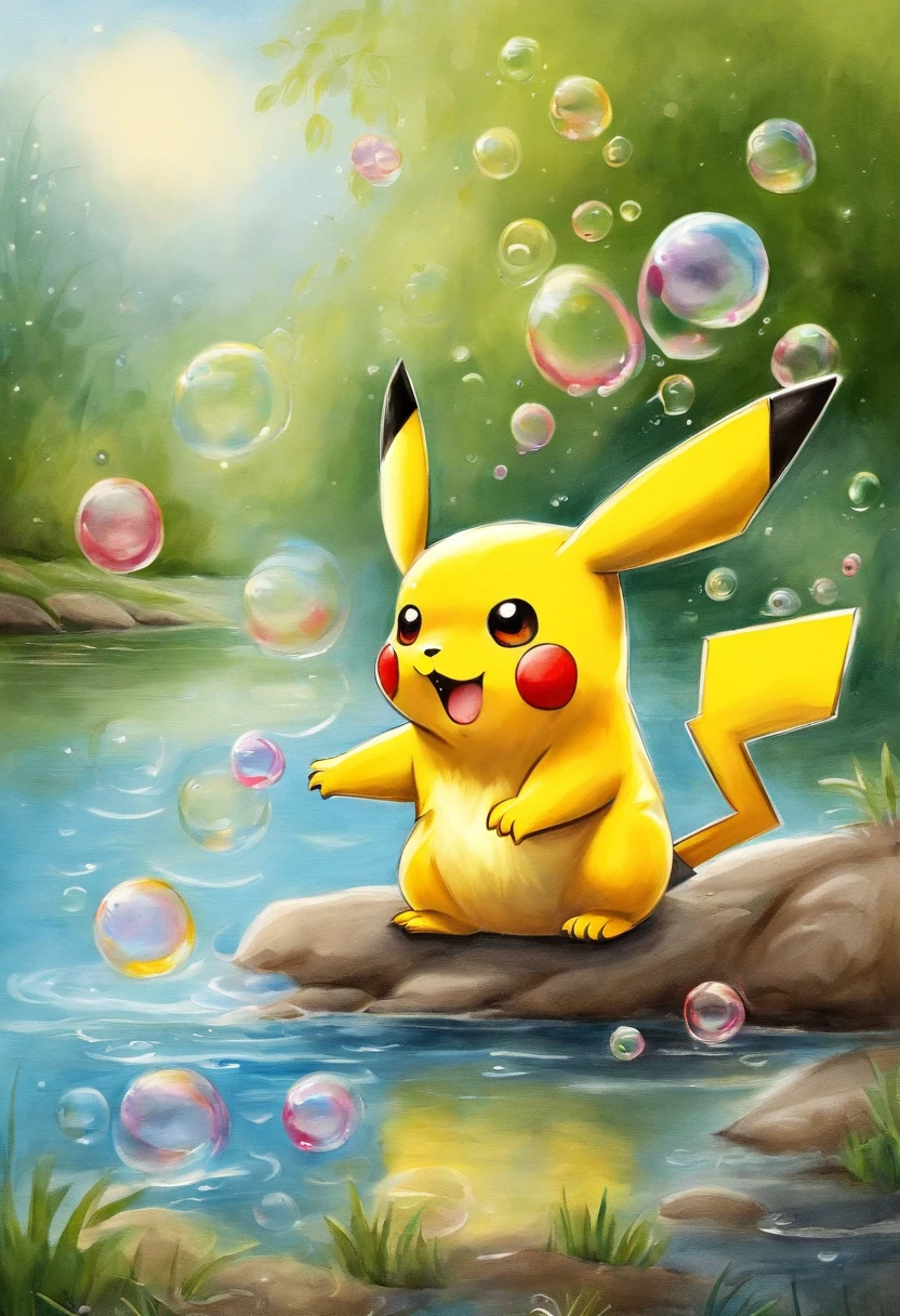 Cheerful Pikachu playing with bubbles near a river the cardboard covered to show face,Arte Fractal,colorido,
estilo-swirlmagic, (masutepiece, best quality, alta qualidade, alta resolução, ultra-detalhado),