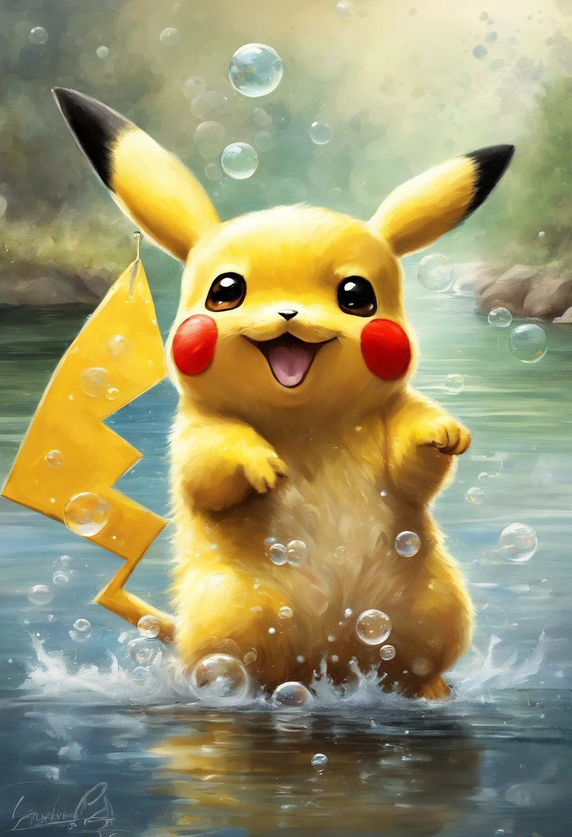 Cheerful Pikachu playing with bubbles near a river the cardboard covered to show face,Arte Fractal,colorido,
 estilo-swirlmagic, (masutepiece, best quality, alta qualidade, alta resolução, ultra-detalhado),