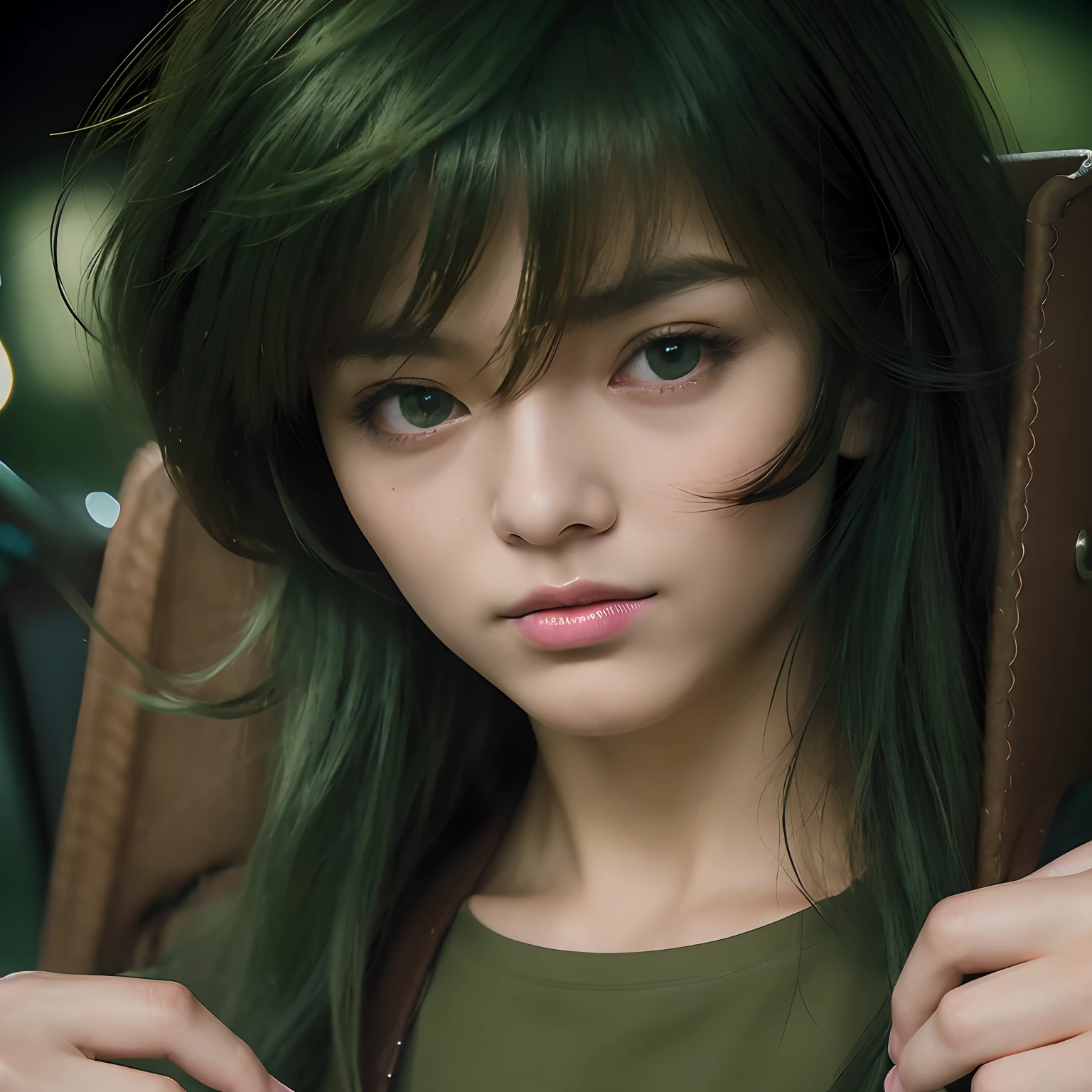 (masterpiece), (realistic) , close up portrait of a man, (male), 20 years old, asian (1boy), serious expression, solo, (very pretty handsome man), ((pretty big green eyes)), ((well done eyes)), ((perfect eyes)), serious, powerful look, medium messy green hair, ((bangs)), hair blowing in the air, (beardless), green t-shirt, aurora boreal sky background, metal box on his back, handle leather shoulder straps, cinematic lighting. (((no androgynous))).
