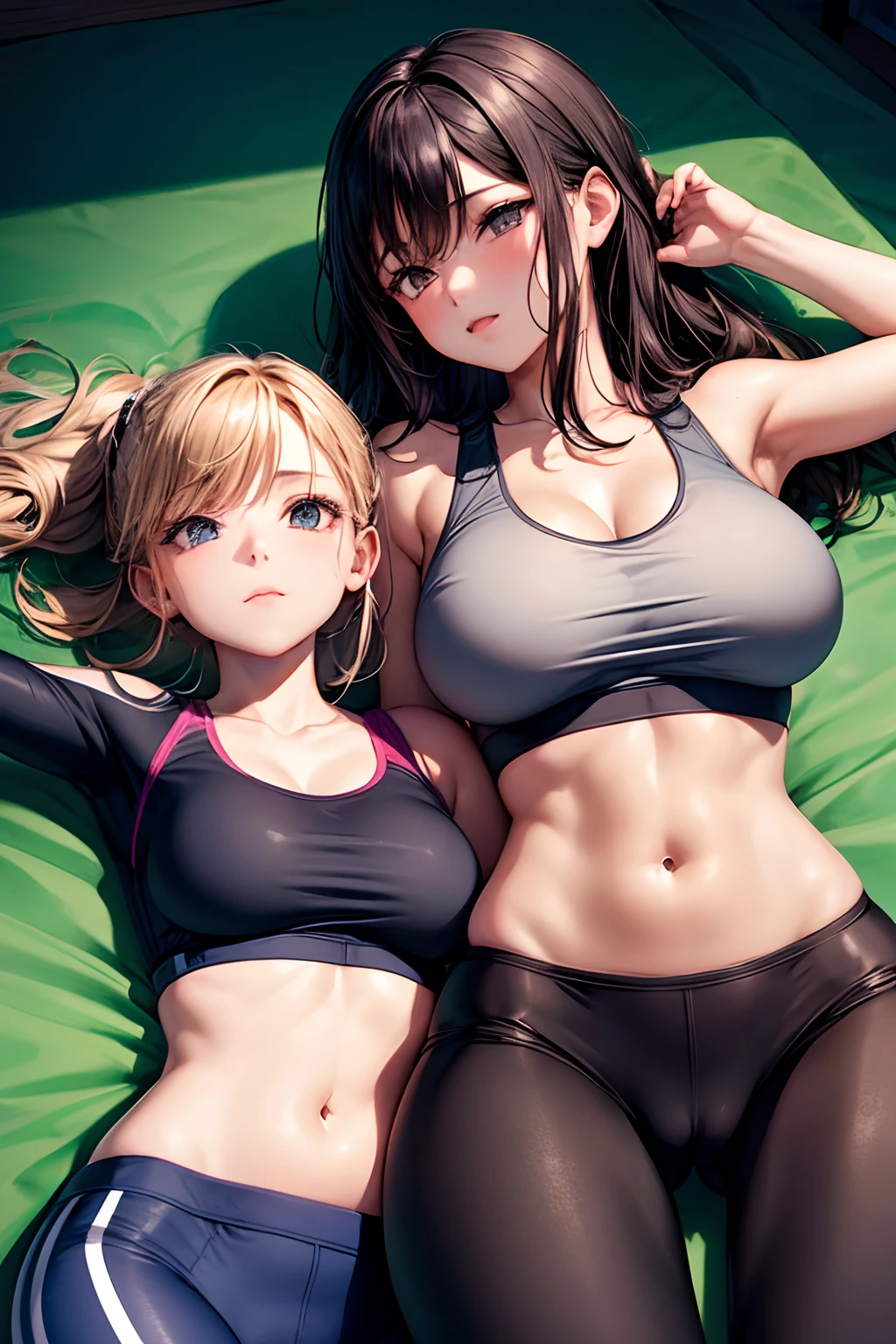 2girls, one girl lying down resting her head on the other's breast, wearing tight leggings with a cameltoe, tight sports bra, soft breast, rubbing cameltoe