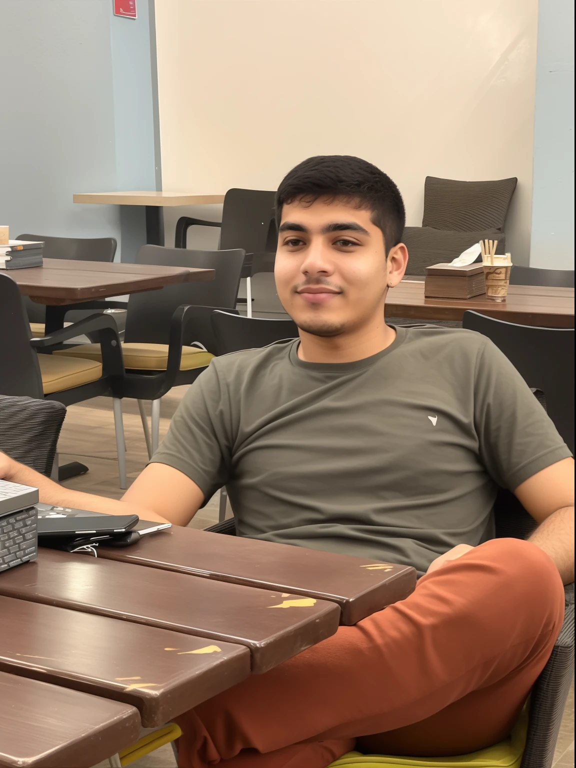 there is a man sitting at a table with a laptop on it, sitting in a cafe, around 1 9 years old, he is about 20 years old, he is about 2 0 years old, ismail, he is about 2 5 years old, sitting on a mocha-colored table, he is about 3 0 years old, he is about 30 years old