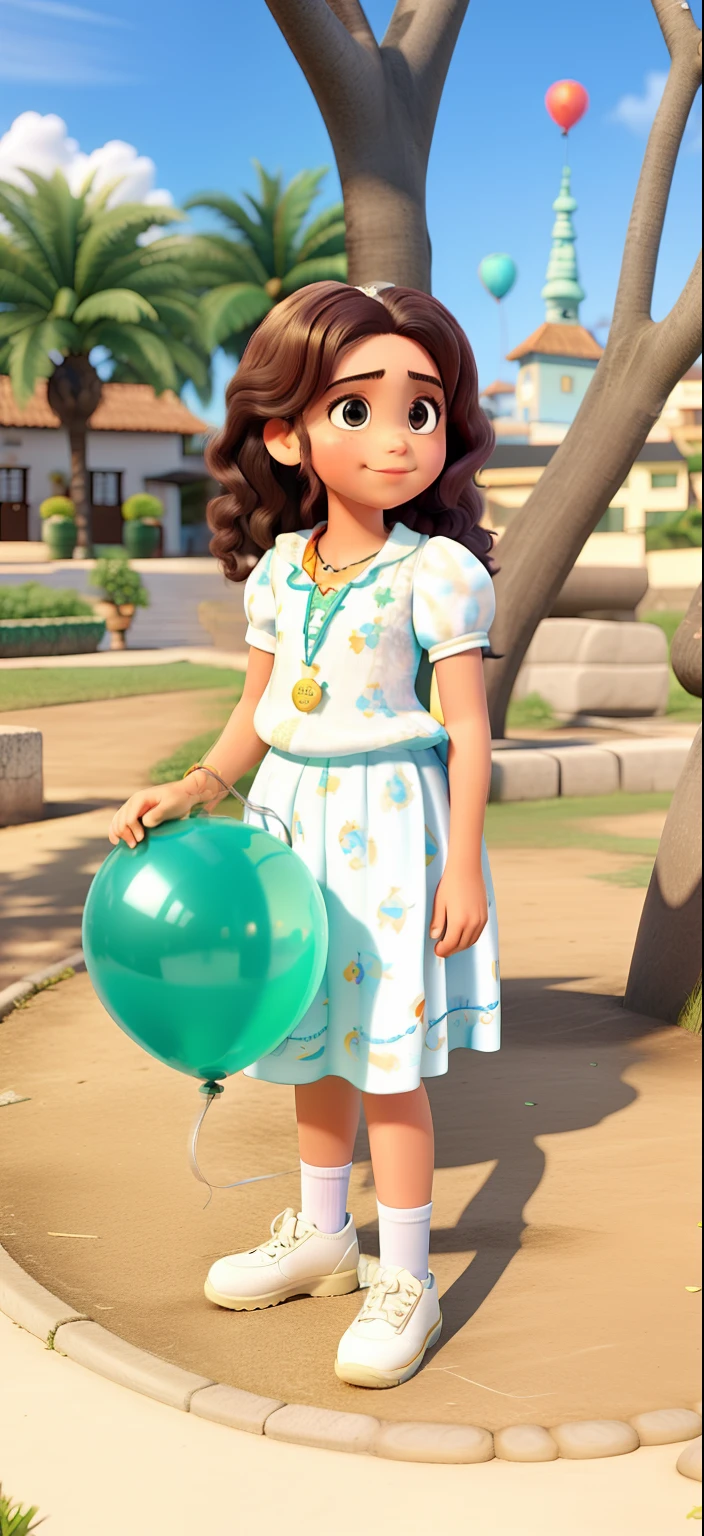 Uma menina branca, magra, franjinha, cabelo amarrado,With a balloon in hand high quality