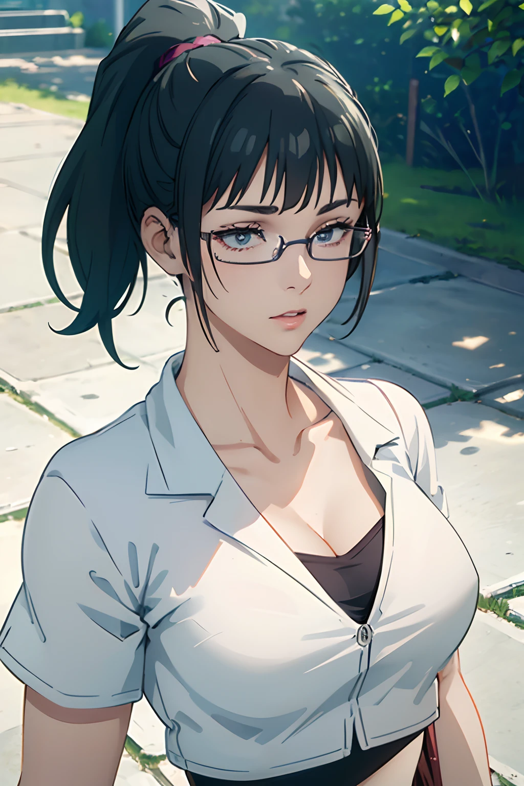 masterpiece, best quality, NSFW, 1girl, glasses, ponytail, white crop top, cleavage, detailed eyes, detailed facial features, realistic and high resolution (best quality, 4k, 8k, highres, masterpiece:1.2)