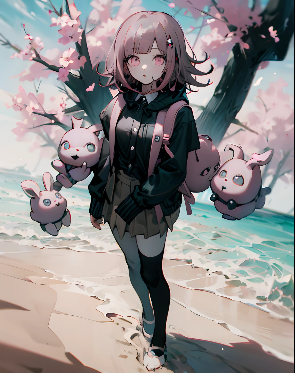 masterpiece, best quality, 4k, 8k, 1girl, short hair, pale mauve hair that slightly curls outwards, though the locks on either side of her face curl inwards, short straight bangs split towards the right, white hairclip, blossom pink eyes, white button-up shirt with a dark teal-gray front placket, light pink ribbon tied around her neck in a bow, pale beige pleated skirt, one-button dark teal-gray hooded jacket, black thigh-high socks, looking at viewer, at the beach,Chiaki Nanami, Nanami Chiaki, Pink backpack on her back, bunny shaped backpack, japanese features, asian features, 20 years old