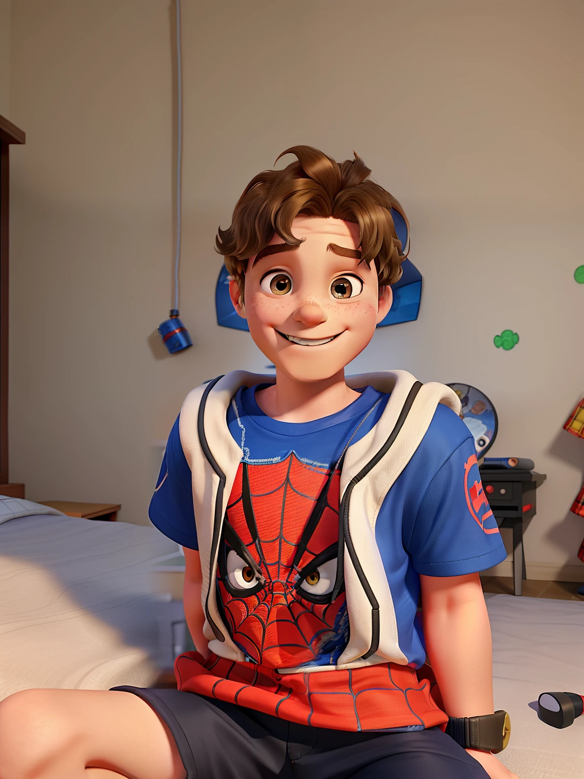 A 10-year-old boy, wearing a Spider-Man shirt, with blonde, wavy hair, smiling, illuminated by sunlight, against the backdrop of a gammer room.