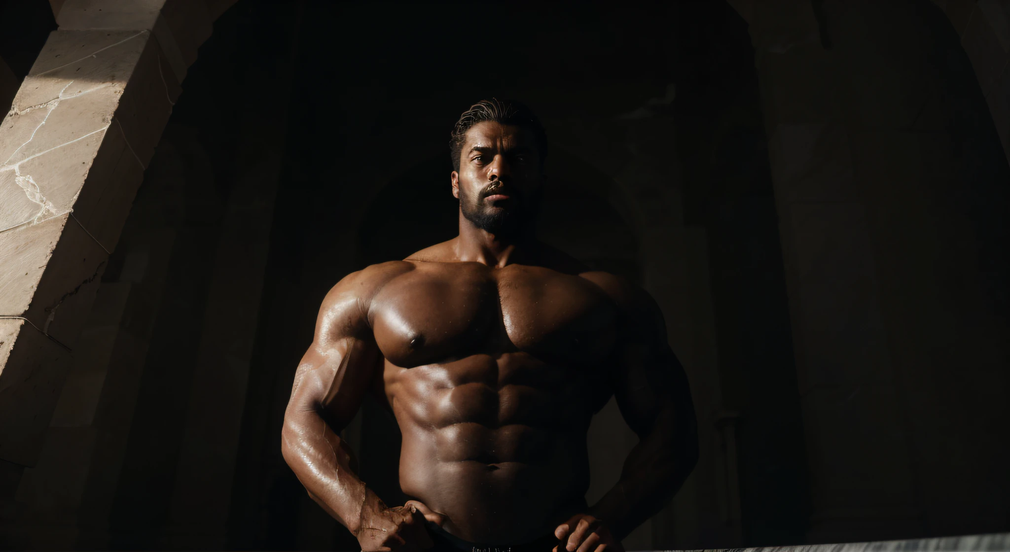Create a unique depiction of an imposing, muscular Greek God, Carved in black marble, destacando sobre un fondo igualmente negro. La figura irradia un aura de poder divino y fuerza sobrenatural, Capturing the essence of Greek mythology. El Dios es modelado a gran escala, con una altura de 3 metros. Its precision-sculpted body shows powerful, well-defined muscles, giving it a formidable and imposing look. Anatomical details, From biceps and triceps to sculpted abs, They are masterfully portrayed, transmitiendo la idea de fuerza y vigor. Made entirely of black marble, The figure has a subtle and enigmatic glow, Capture and reflect light in a unique way on the black background. marble, sombreado por tonos profundos y variaciones en la textura, Contribuye al impacto visual y emocional de la escultura. God is in a position of authority, con los pies ligeramente separados y los brazos extendidos hacia los lados. His hands hold a symbolic object, Como un tridente, una antorcha o una espada, dependiendo de la deidad elegida. La mano que sostiene el objeto se extiende hacia arriba, como si estuviera mostrando su arma divina al mundo. The God's facial features are carved with refined details, including piercing eyes that seem to look beyond the physical plane. The facial expression is majestic and imposing, evoking the divine aura and connection with the transcendent. La figura se coloca sobre un fondo negro absoluto, creating a dramatic contrast and highlighting its striking silhouette. The lighting is designed in such a way that it highlights the contours of the figure, highlighting the textures and curves of black marble. A escultura, en su totalidad, It is a celebration of the power and majesty of the Greek deities., Incorporating the physical aspect, Mythology and aesthetics.
