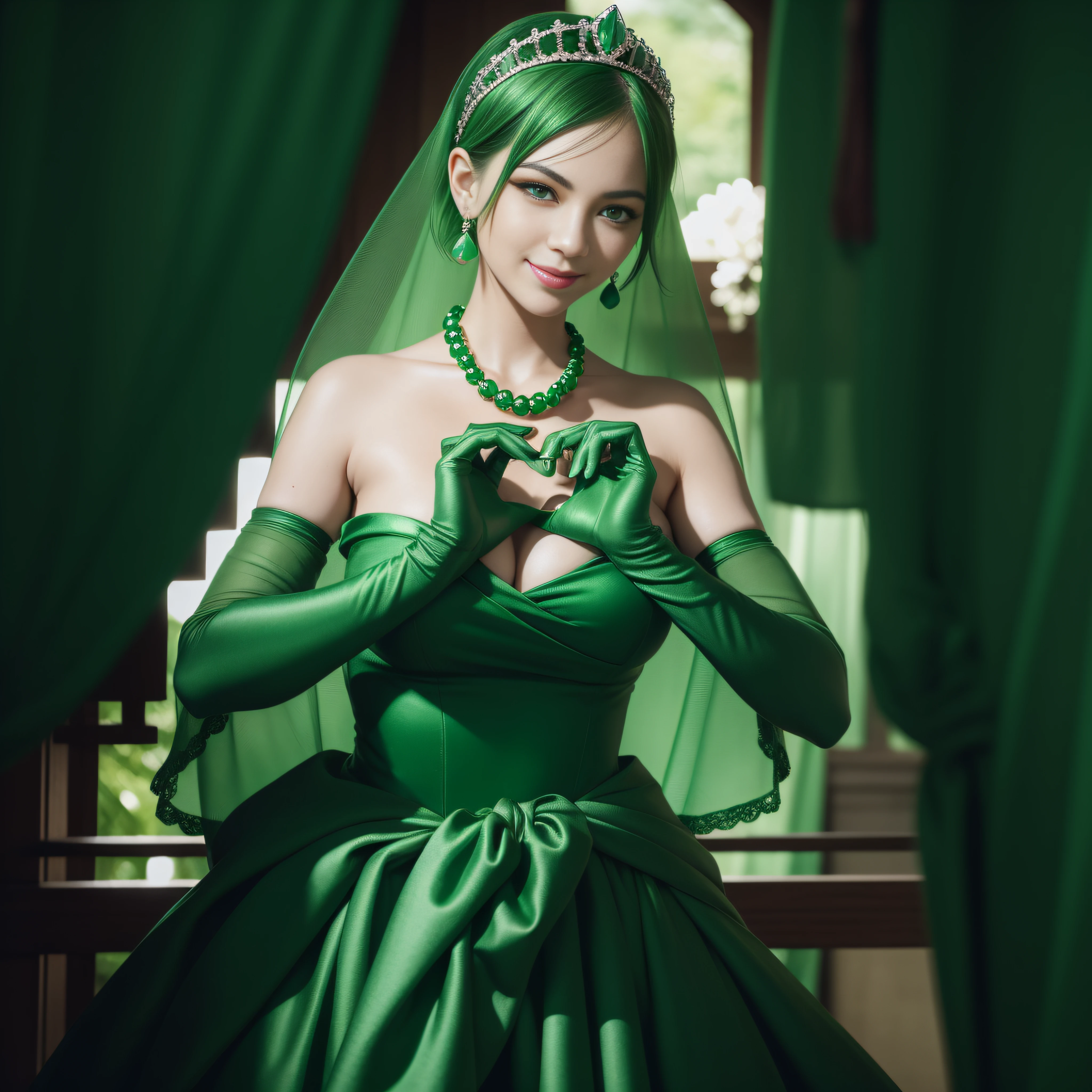 emerald tiara, Green Pearl Necklace, Boyish very short green hair, lipsticks, Japan woman smiling, very short short hair,  big breasts beautiful, Green eyes, Long green gloves made of satin material, Green eyes, Emerald Earrings, green vale, Heart with both hands