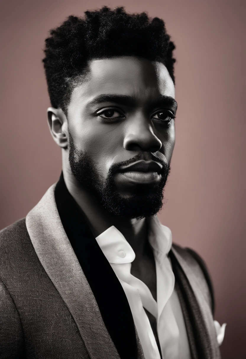 retrato de uma foto de Chadwick Boseman com rosto arredondado, com foco maior em seu rosto, Hair should be short next to the Black Panther movie with a black and gray African royalty outfit, com barba aparentando ter mais de 40 anos, com olhos negros, posando uma floresta africana, with two-tone lighting, foco nítido, matriz preto-fosco, octanagem, irreal, chave baixa, imagem 720 px por 1080 px, foco maior em seu rosto, Hair should be short next to the Black Panther movie
